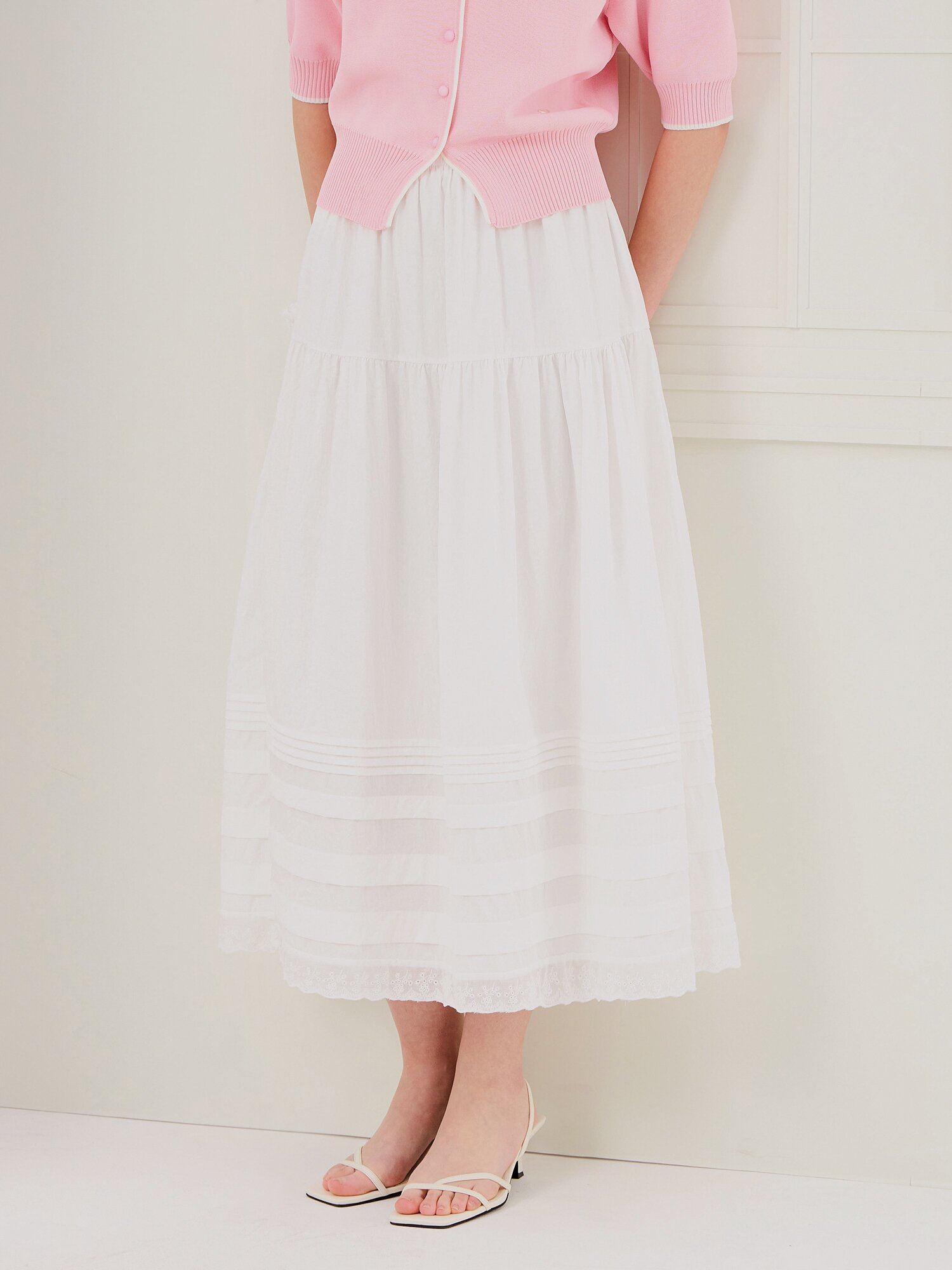 레이스 헴 티어드 밴딩 스커트 (WHITE)