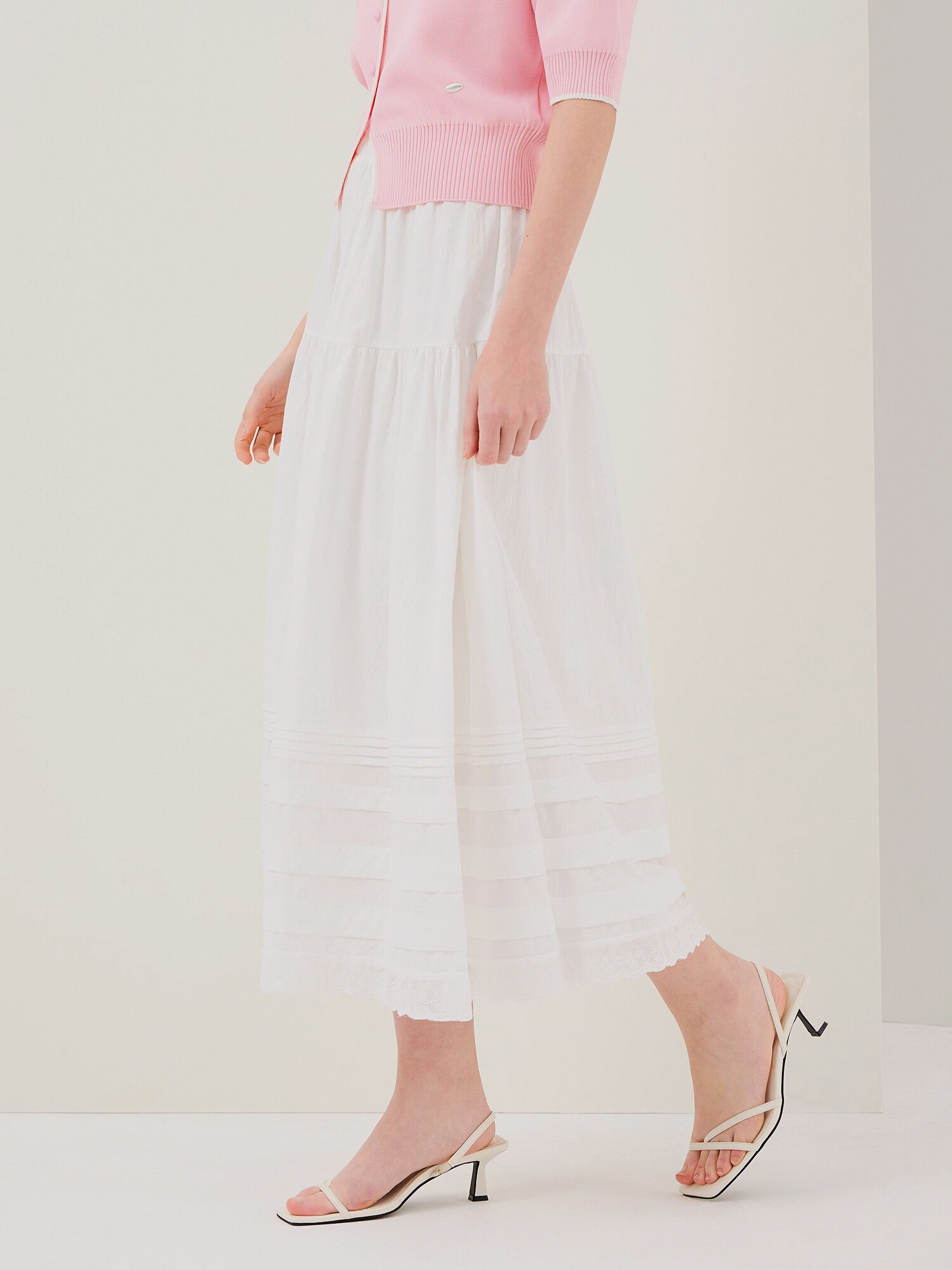 레이스 헴 티어드 밴딩 스커트 (WHITE)