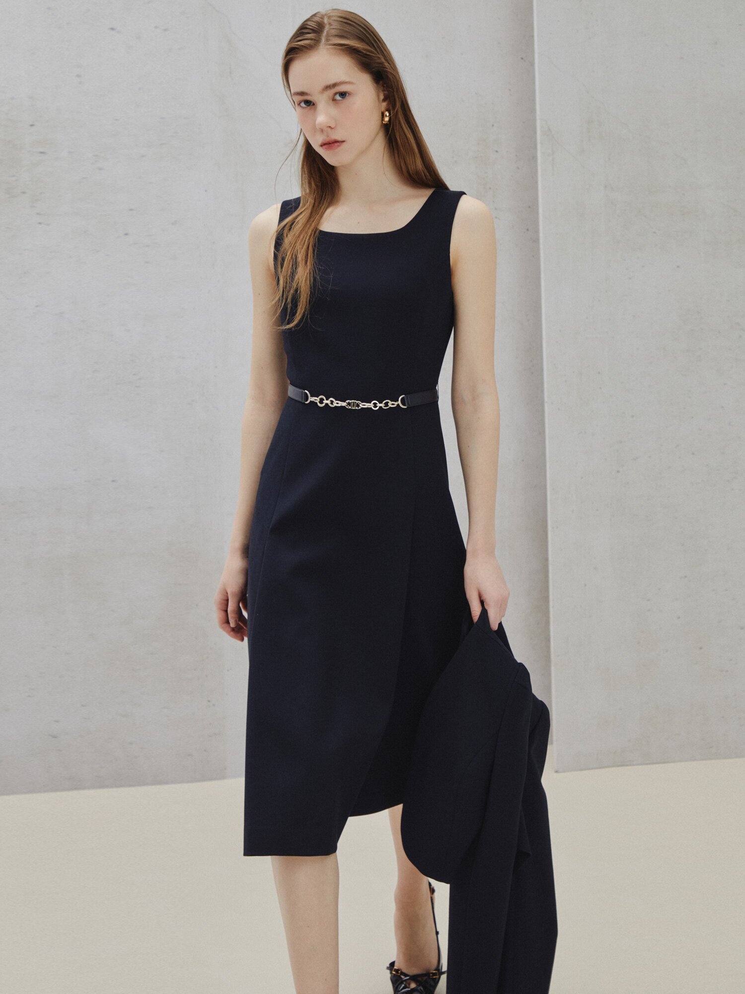 포멀 레이어드 미디 원피스 (NAVY)