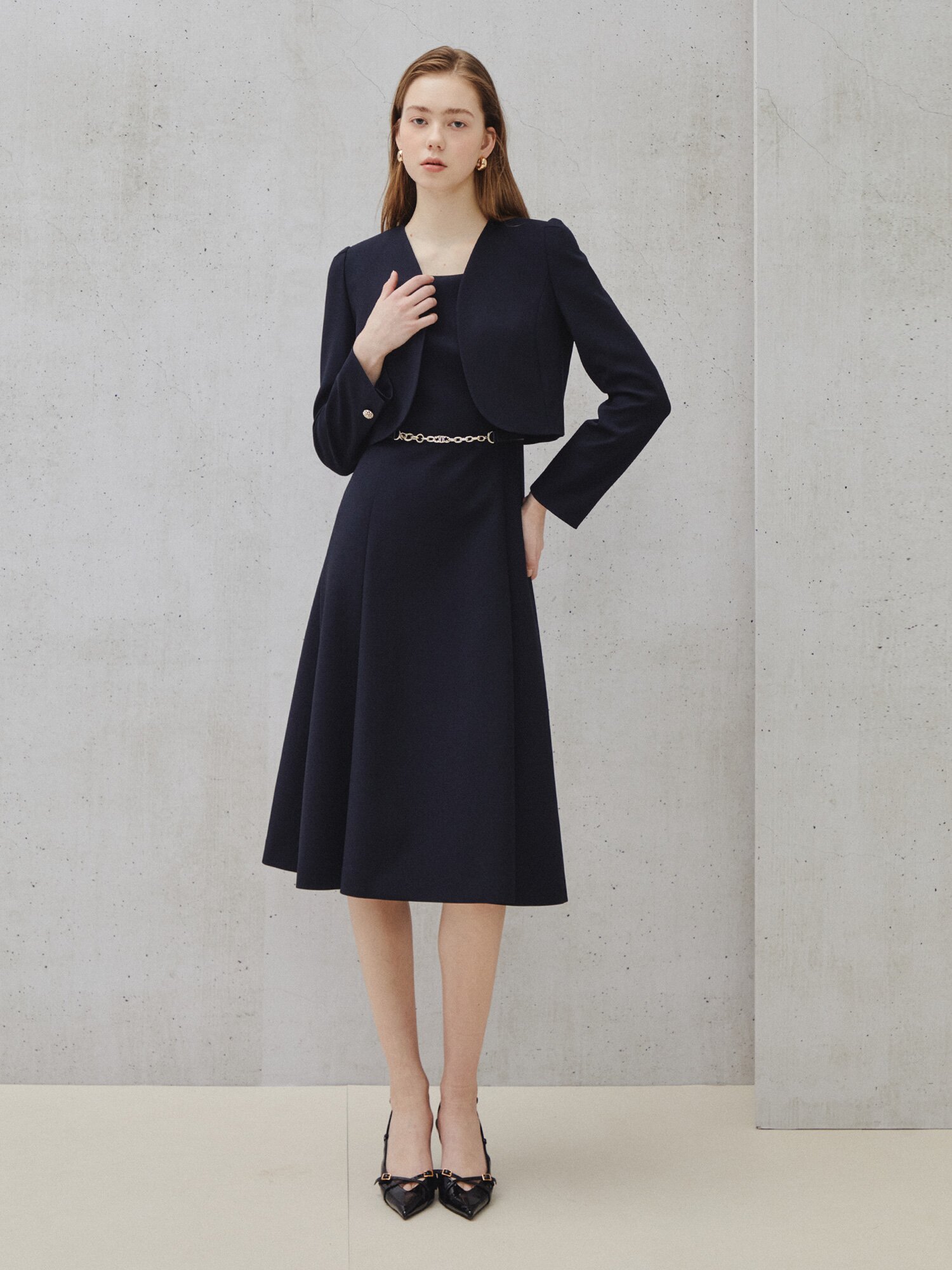 포멀 레이어드 미디 원피스 (NAVY)