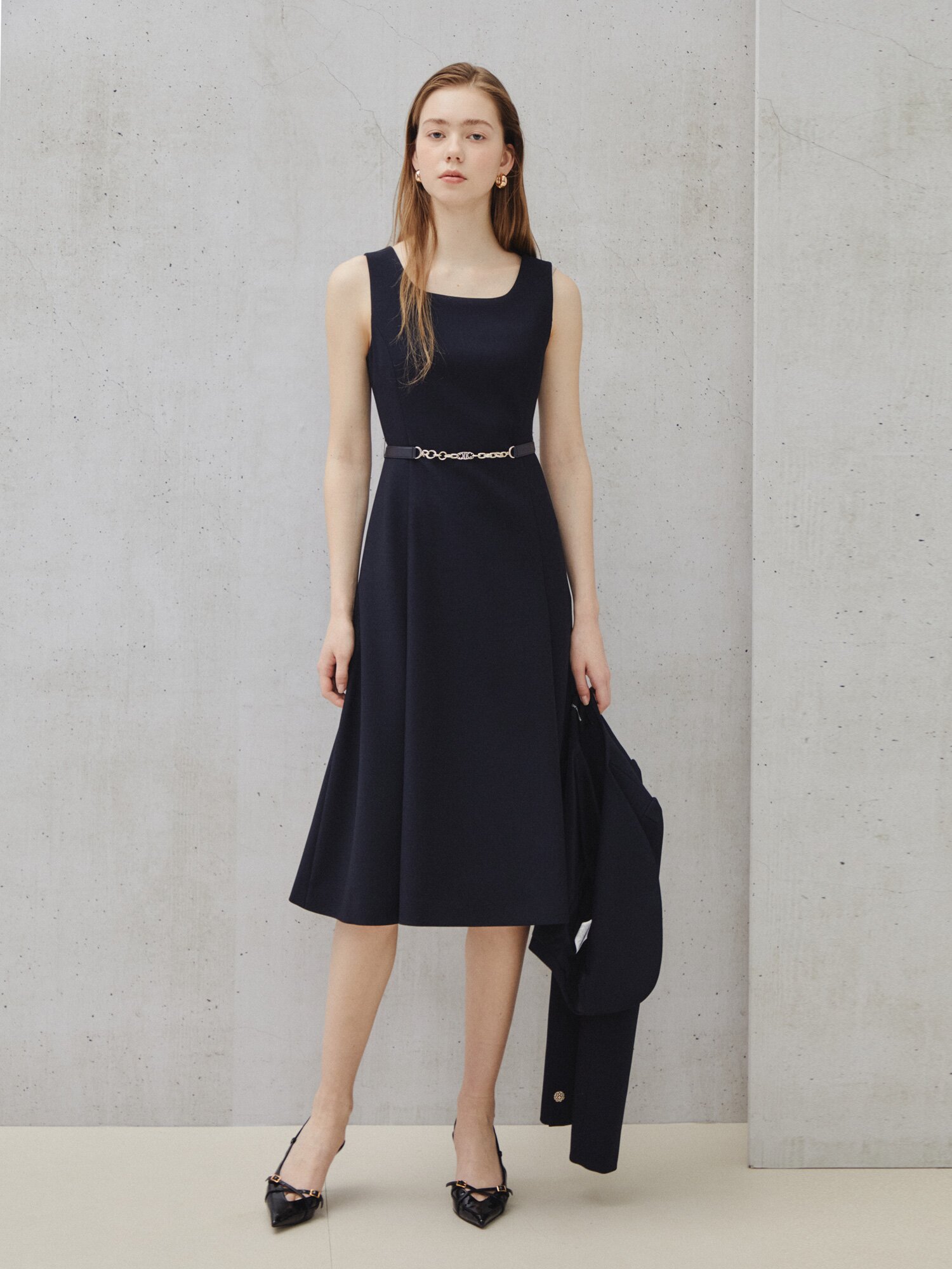 포멀 레이어드 미디 원피스 (NAVY)