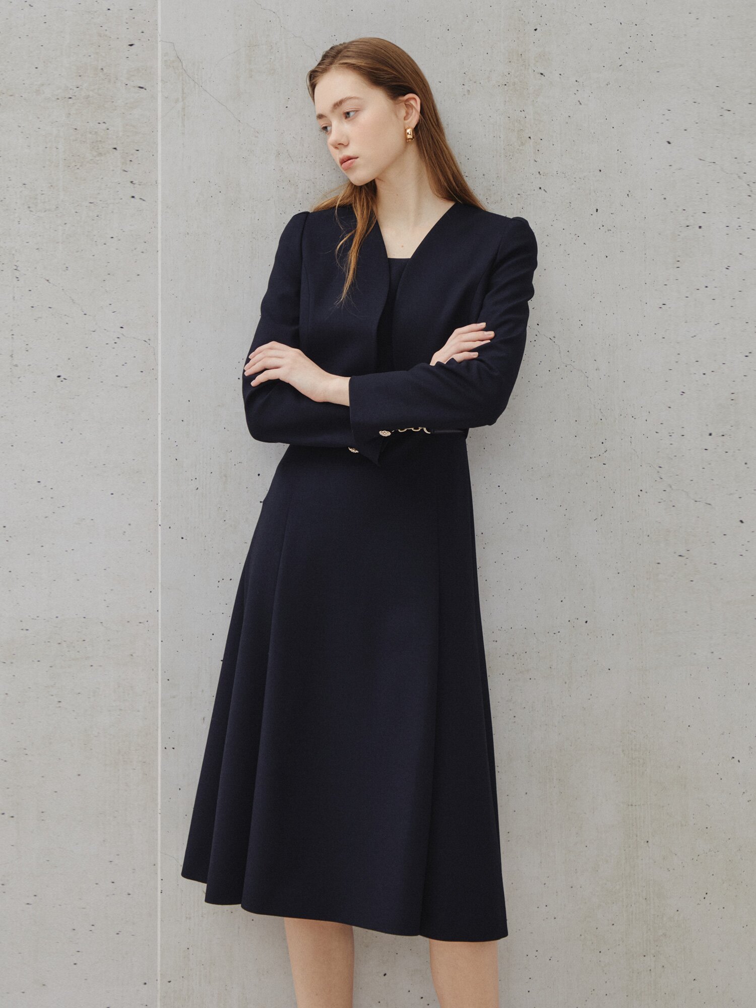 포멀 레이어드 미디 원피스 (NAVY)