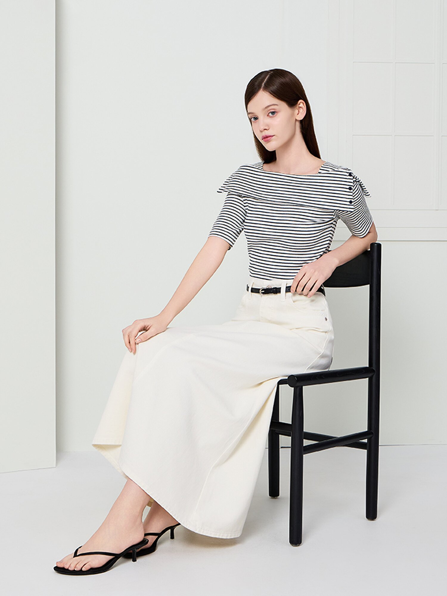 포켓 포인트 롱 데님 스커트 (WHITE)