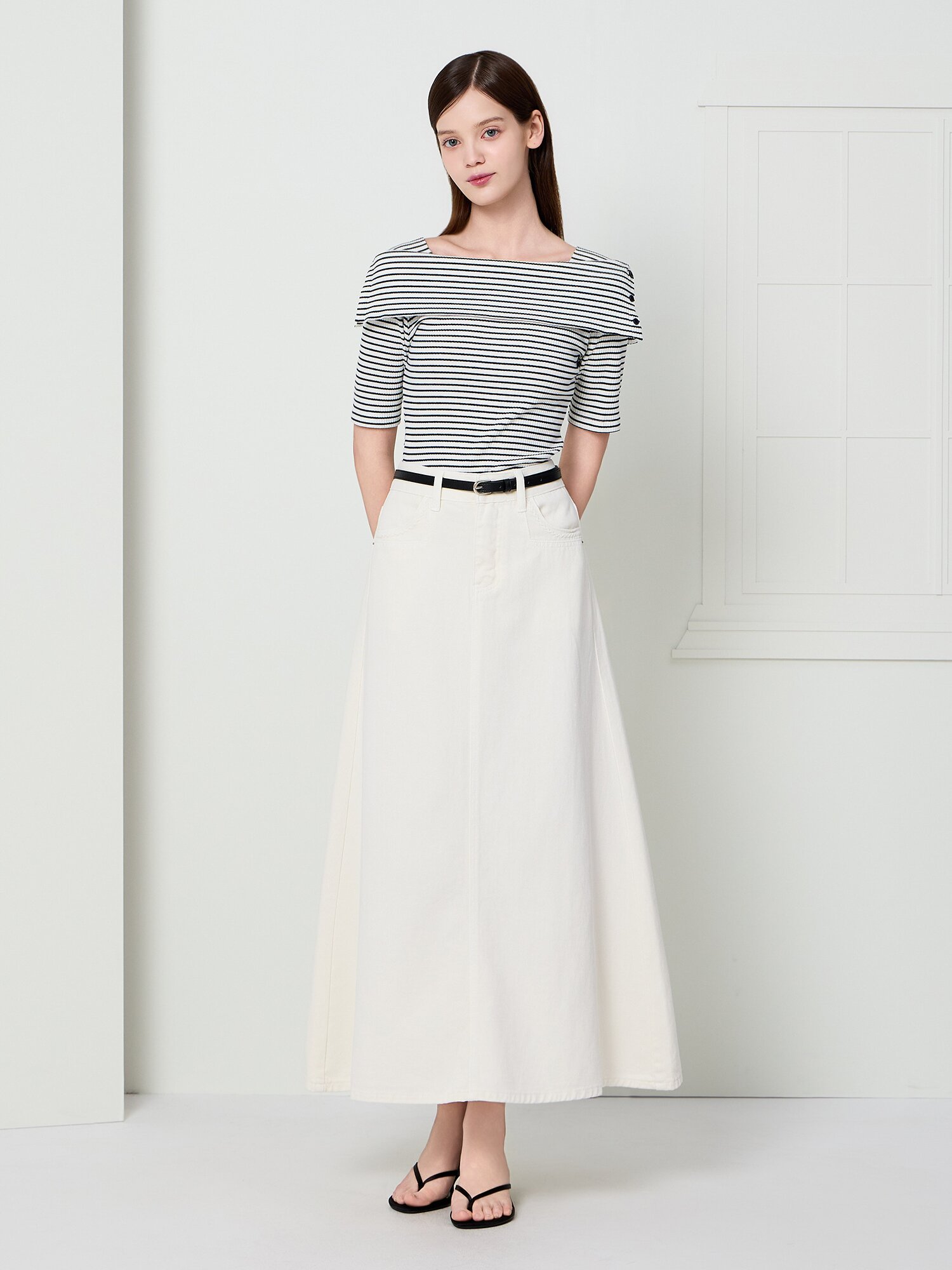 포켓 포인트 롱 데님 스커트 (WHITE)