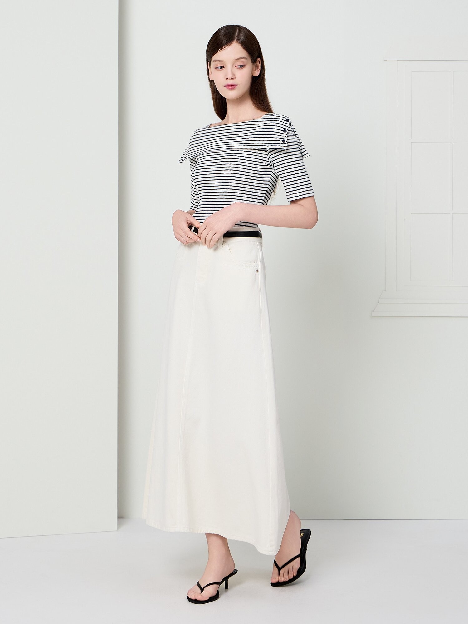 포켓 포인트 롱 데님 스커트 (WHITE)