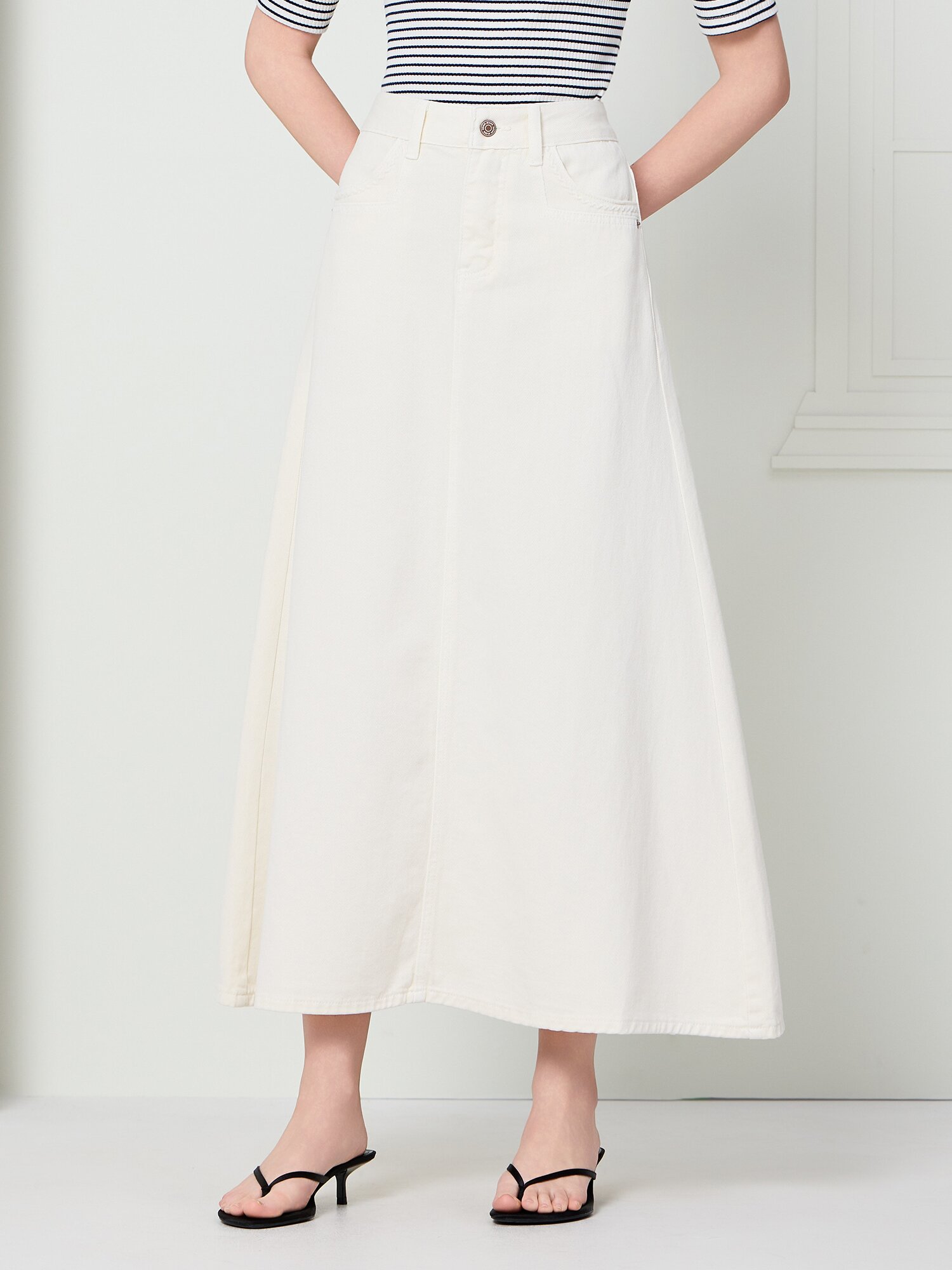 포켓 포인트 롱 데님 스커트 (WHITE)