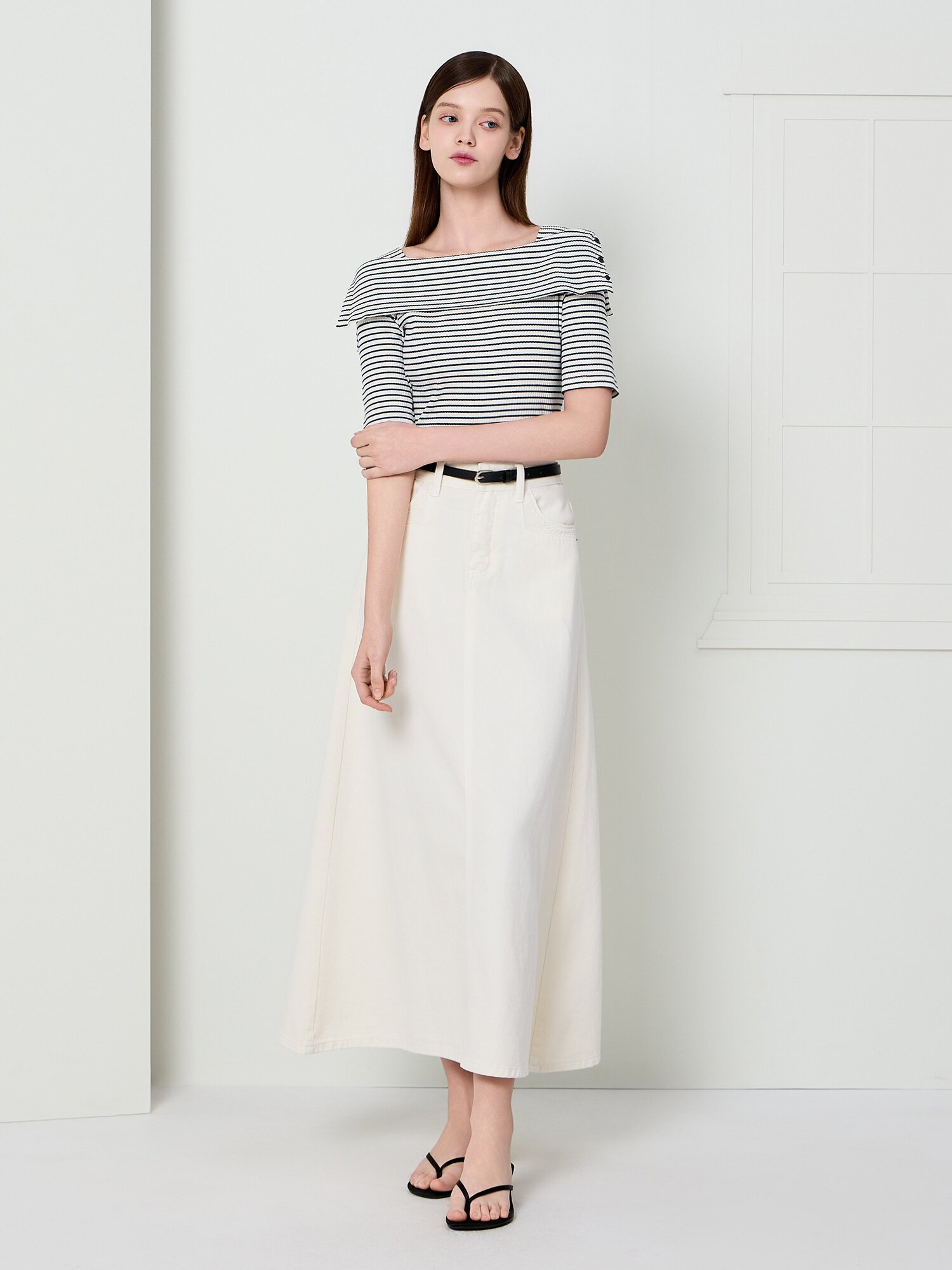 포켓 포인트 롱 데님 스커트 (WHITE)