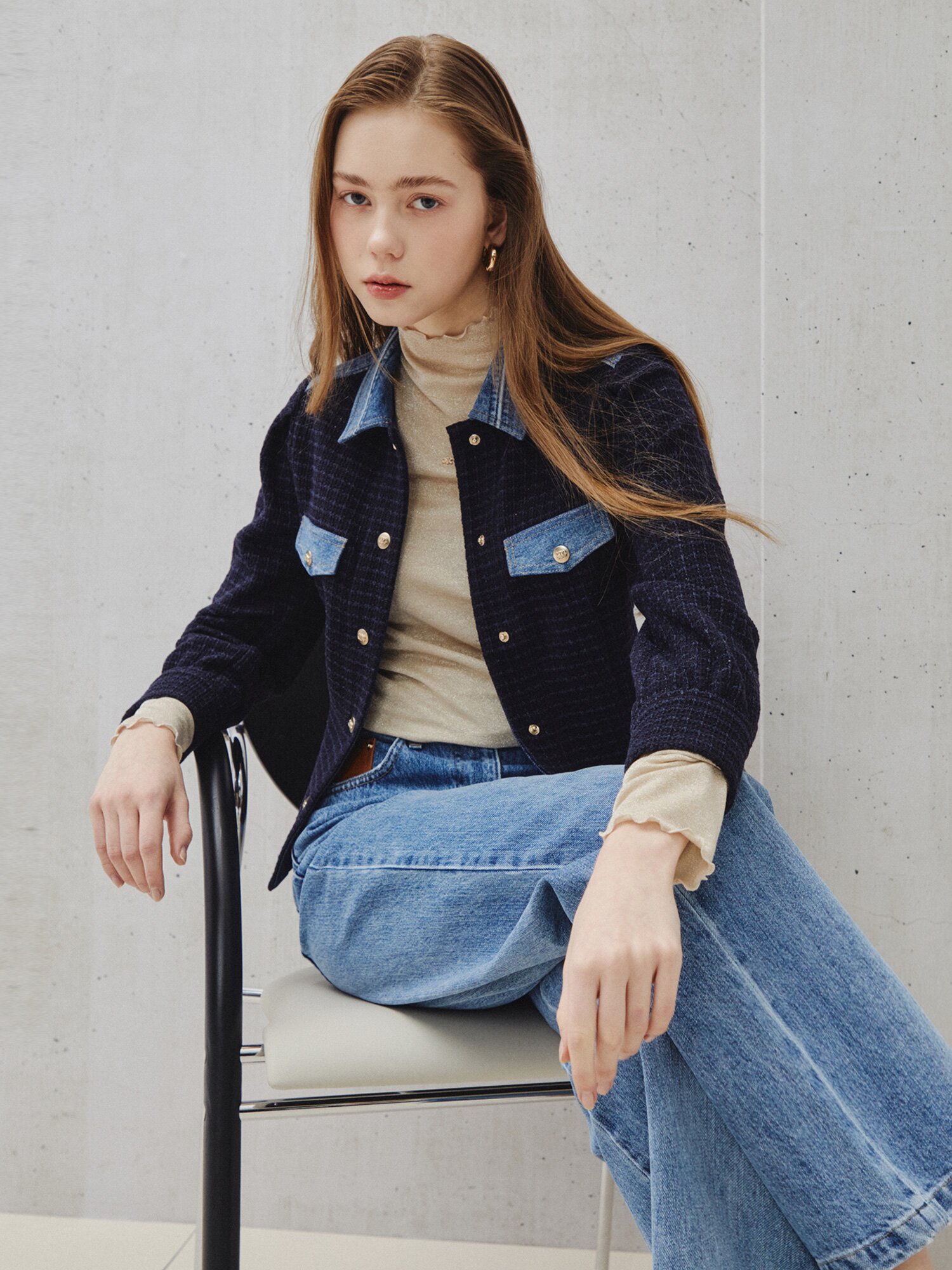 클래식 데님 포인트 카디건 (NAVY)