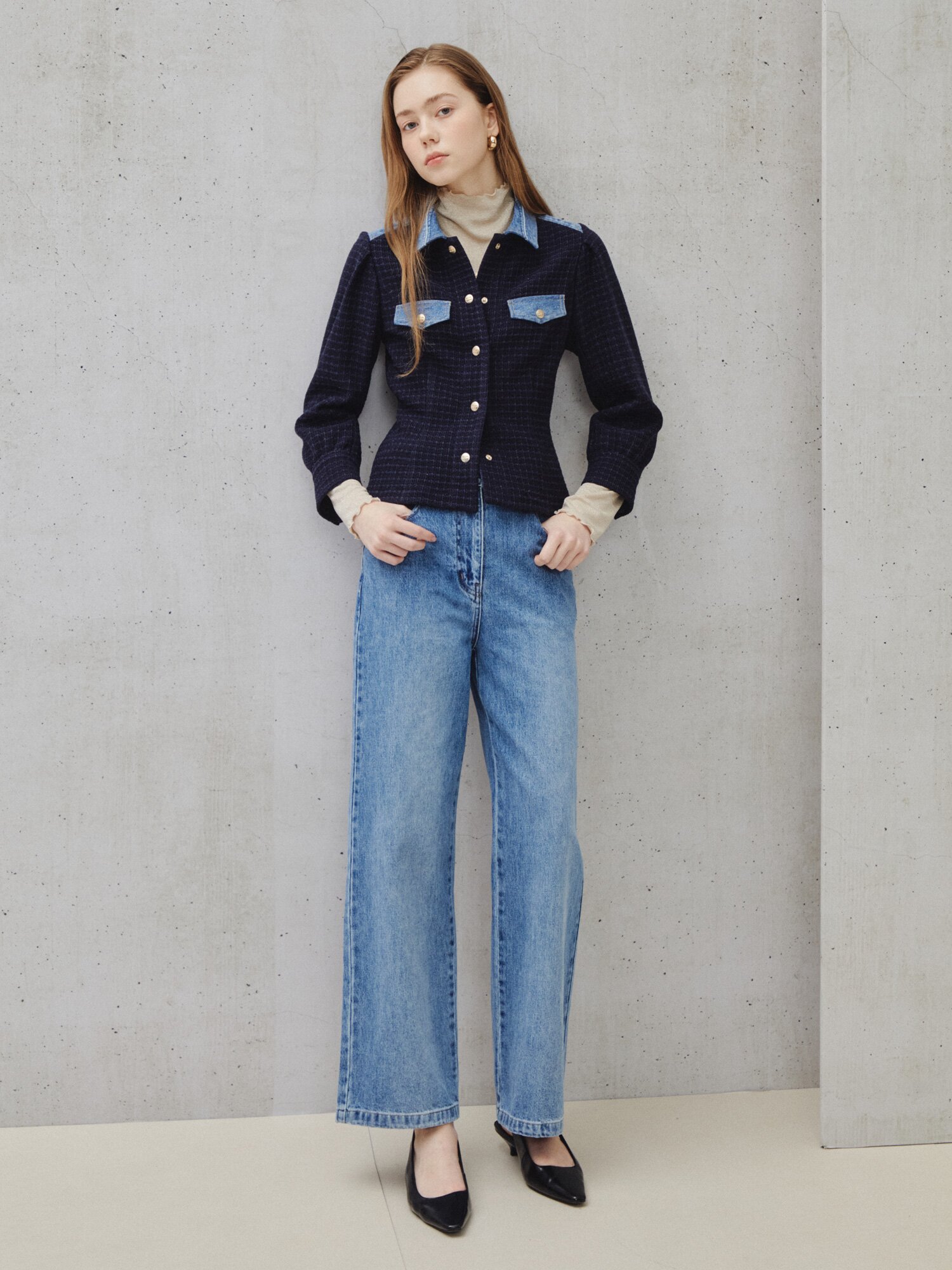 클래식 데님 포인트 카디건 (NAVY)