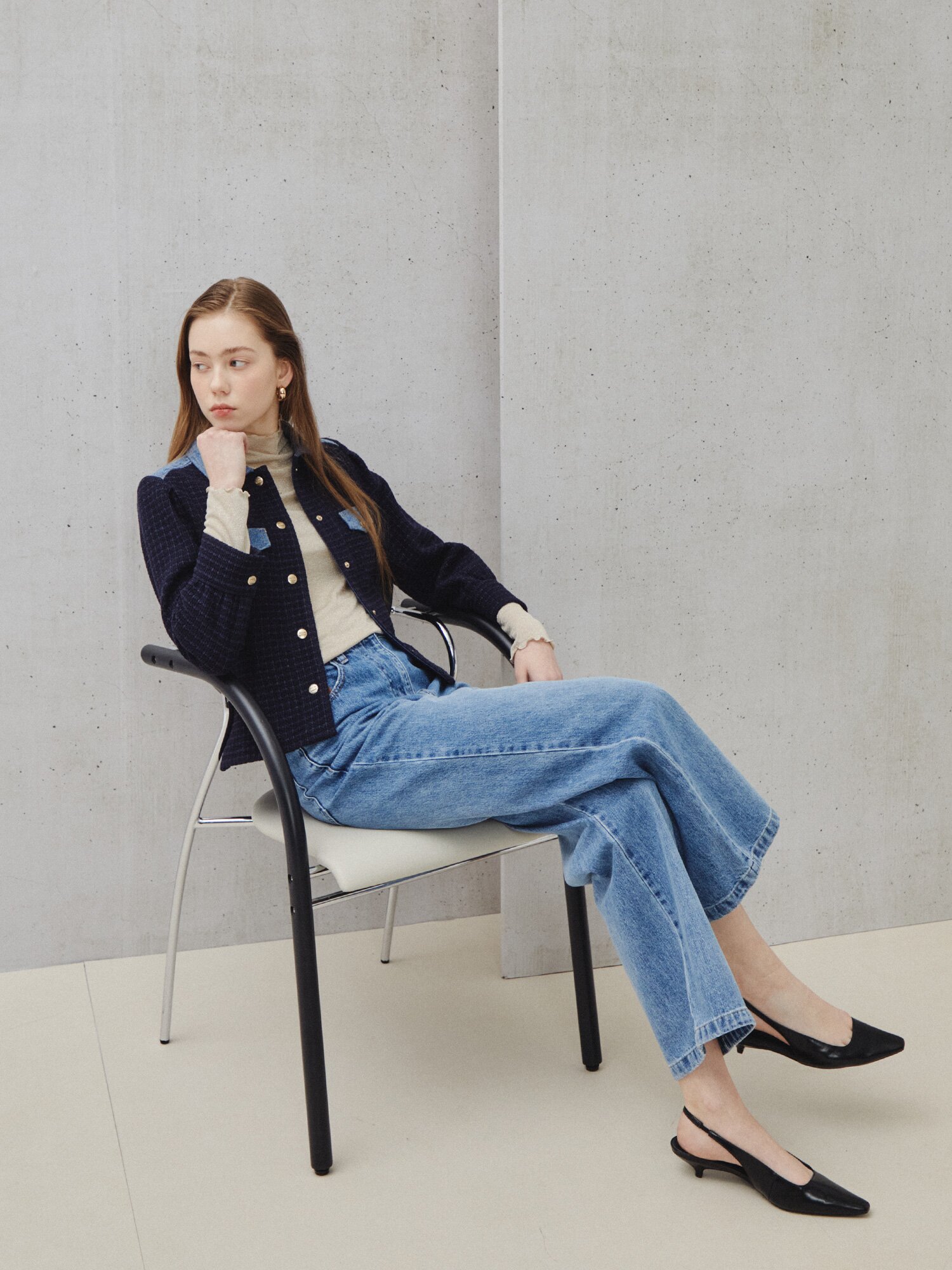 클래식 데님 포인트 카디건 (NAVY)