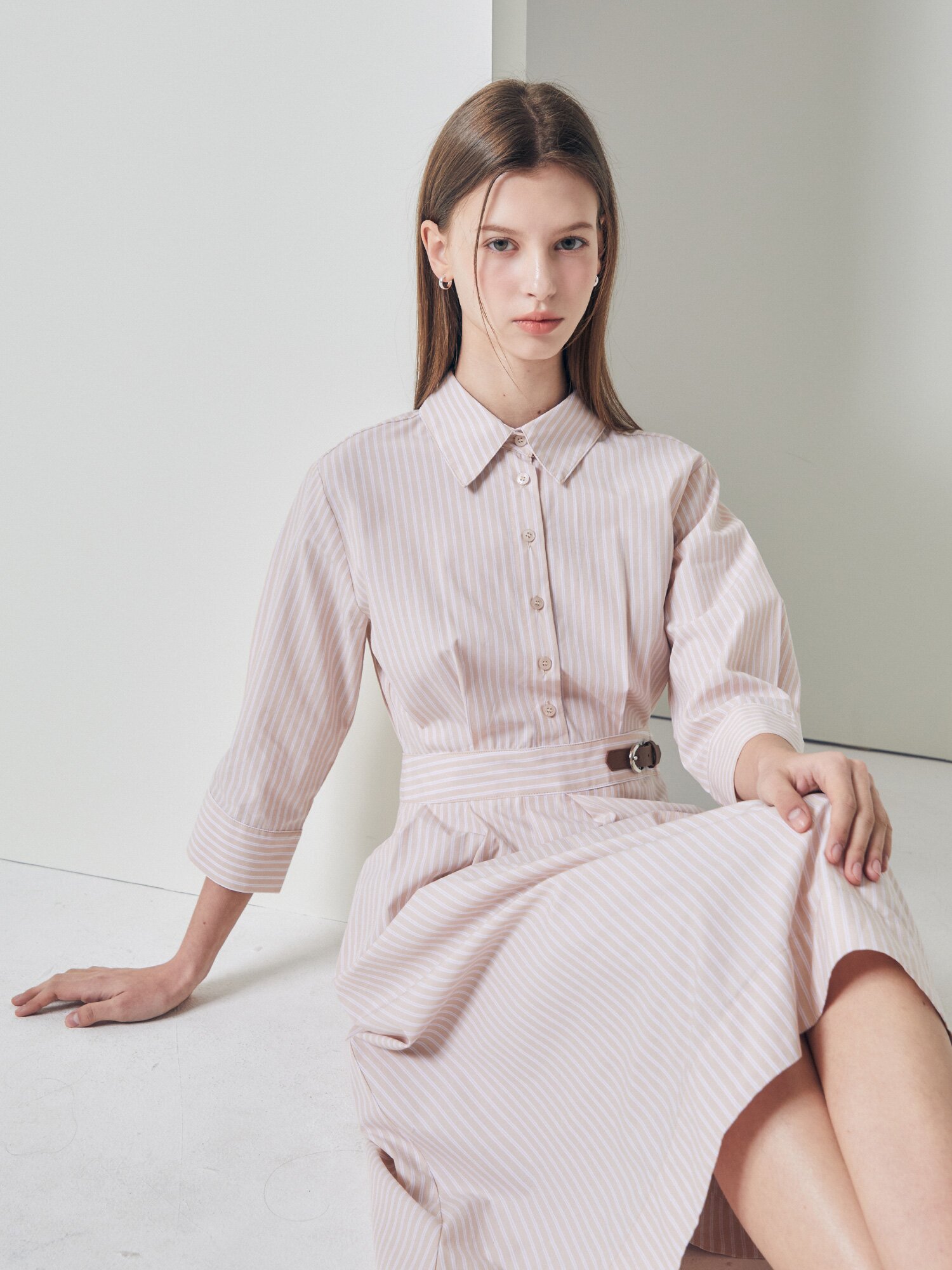 비조 장식 플레어 셔츠 원피스 (STRIPE BEIGE)