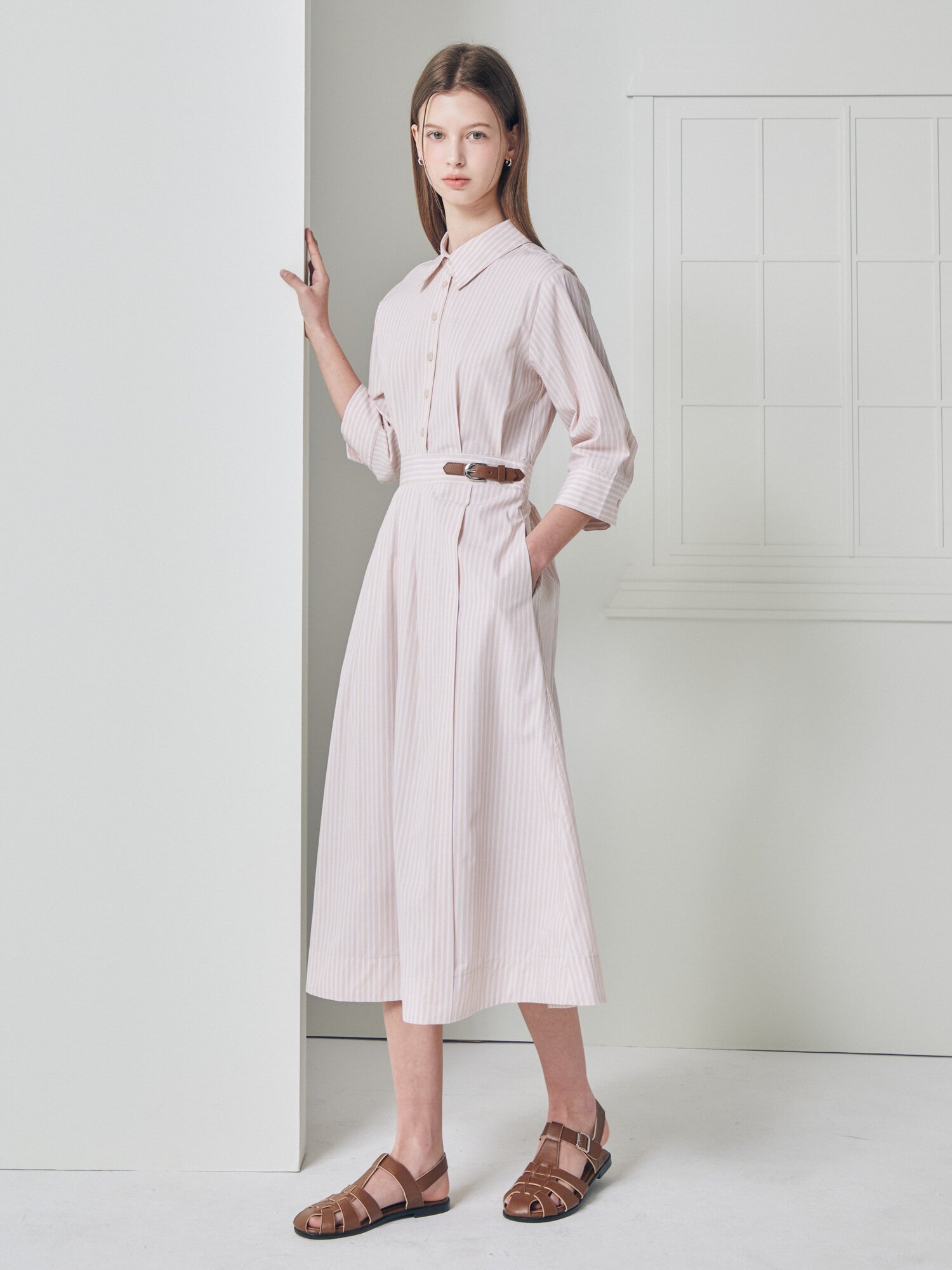 비조 장식 플레어 셔츠 원피스 (STRIPE BEIGE)