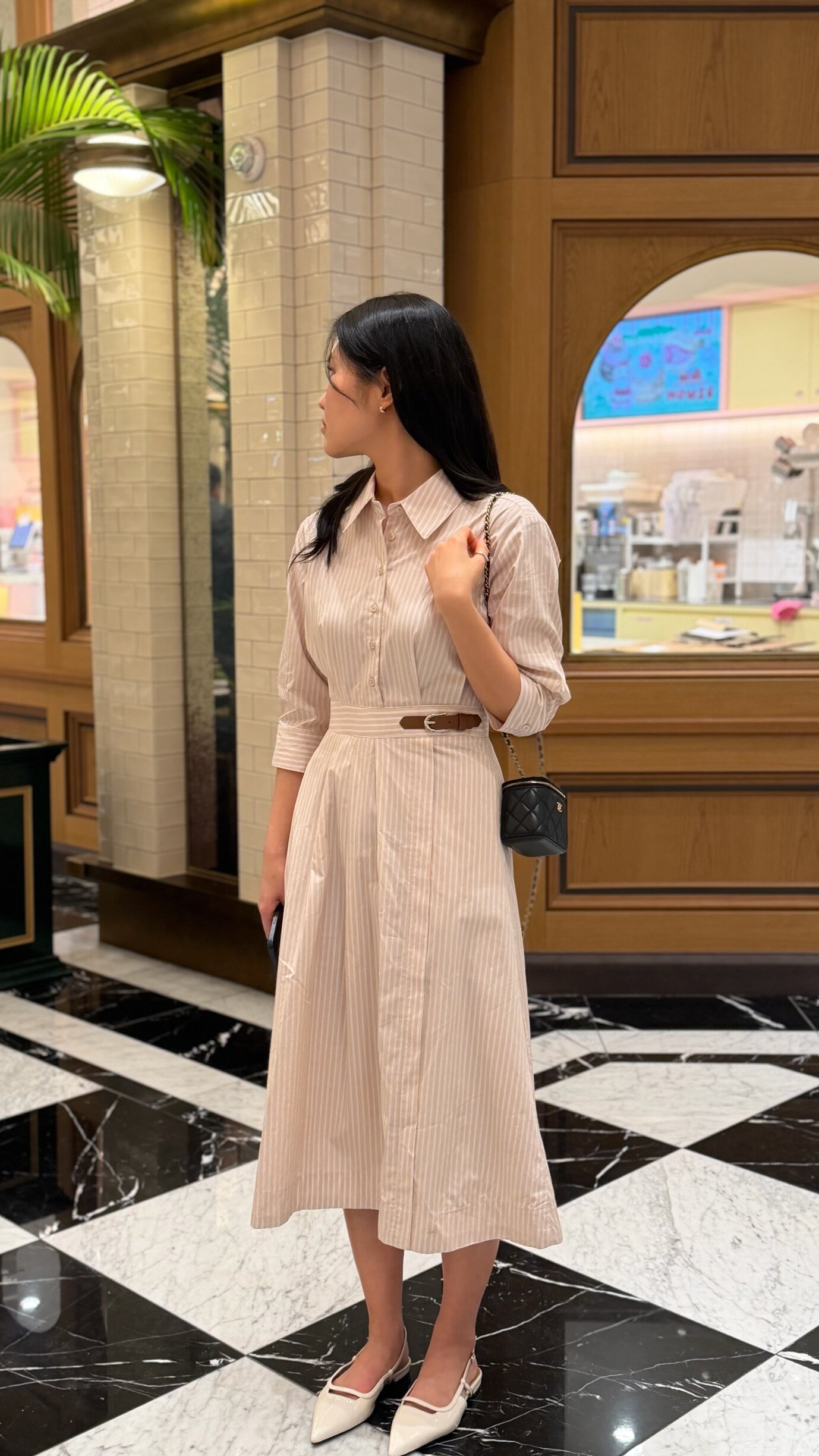 비조 장식 플레어 셔츠 원피스 (STRIPE BEIGE)