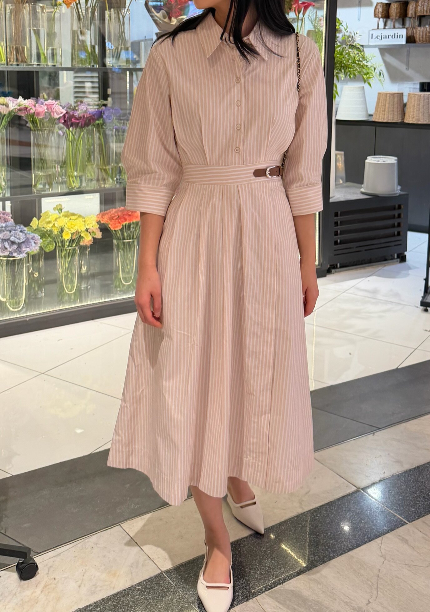 비조 장식 플레어 셔츠 원피스 (STRIPE BEIGE)