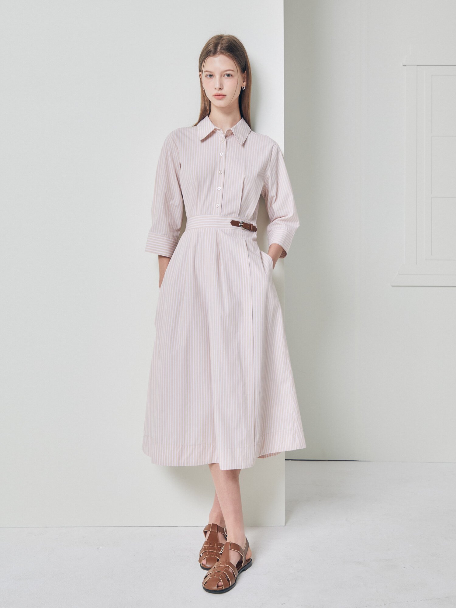 비조 장식 플레어 셔츠 원피스 (STRIPE BEIGE)