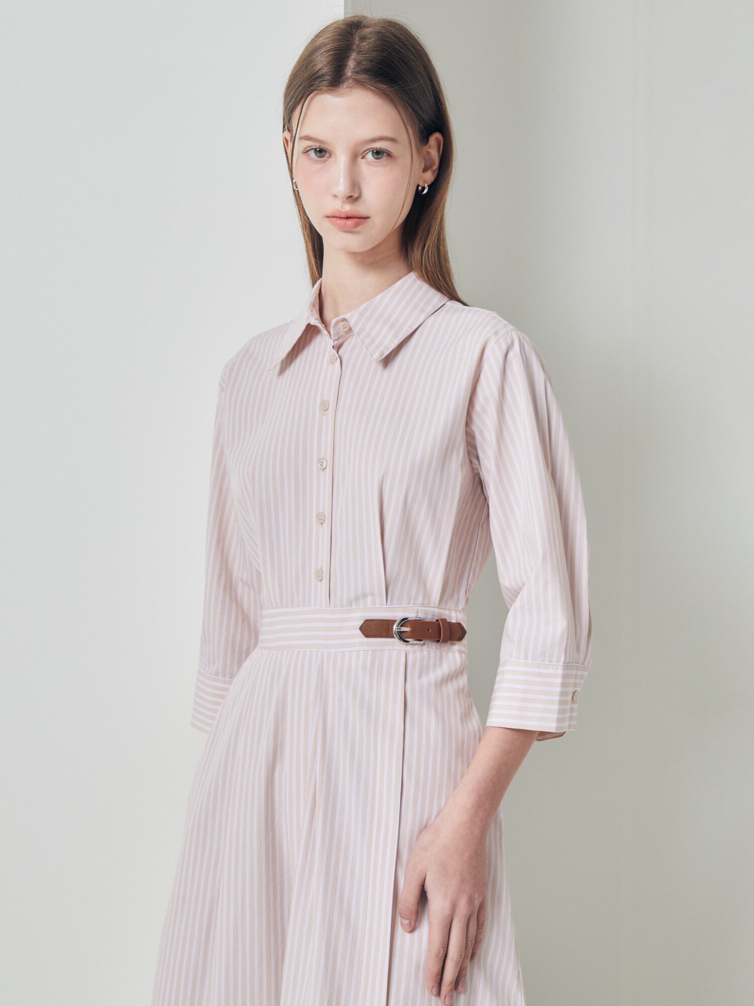 비조 장식 플레어 셔츠 원피스 (STRIPE BEIGE)