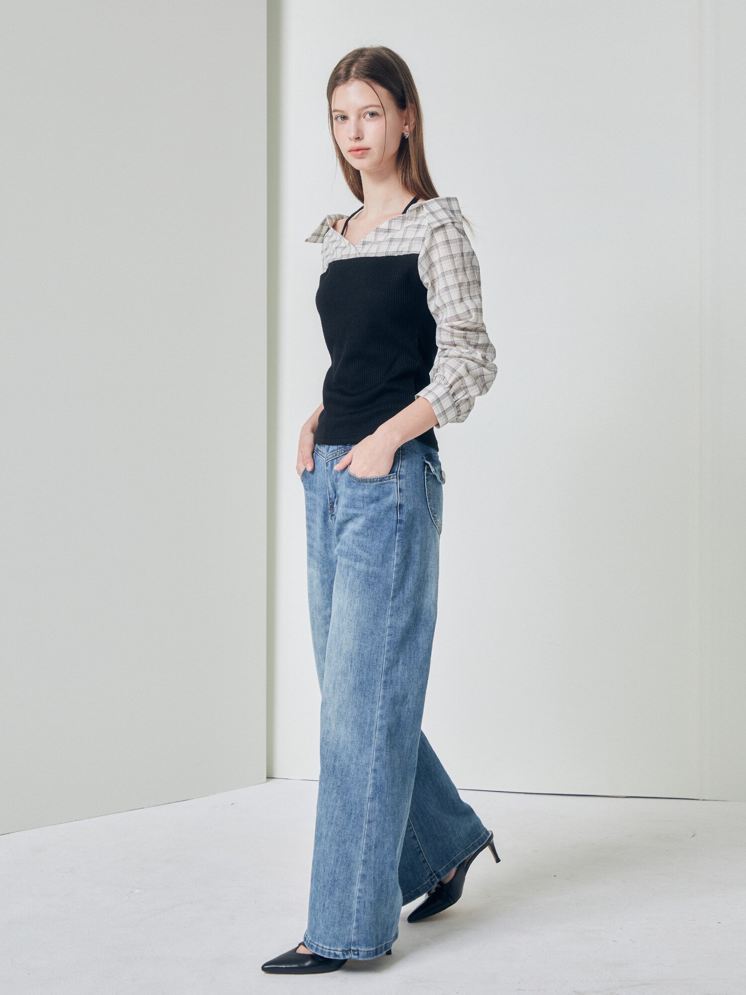 포켓 포인트 부츠컷 데님 팬츠 (BLUE)