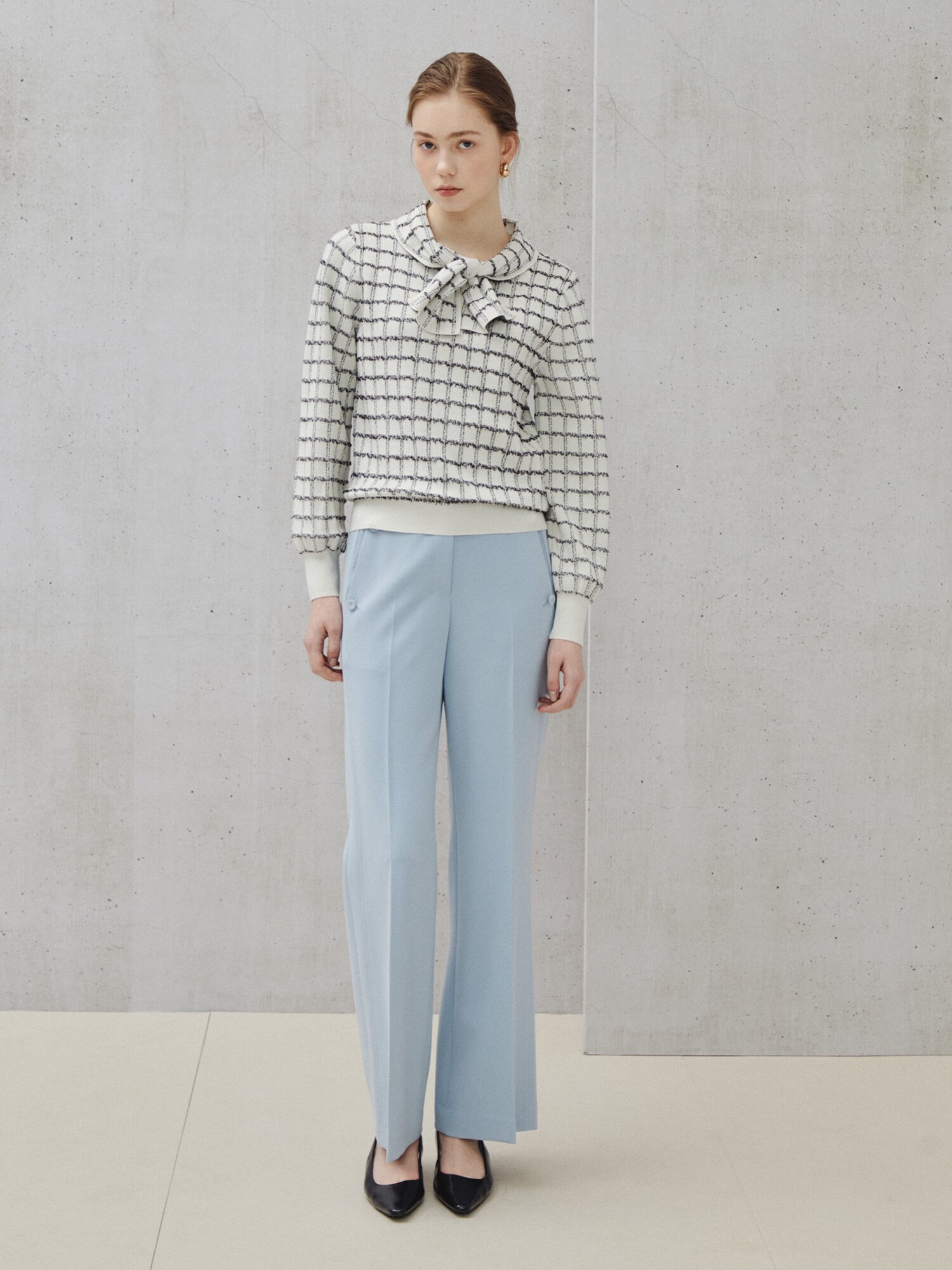 체크 보우 니트 풀오버 (CHECK IVORY)