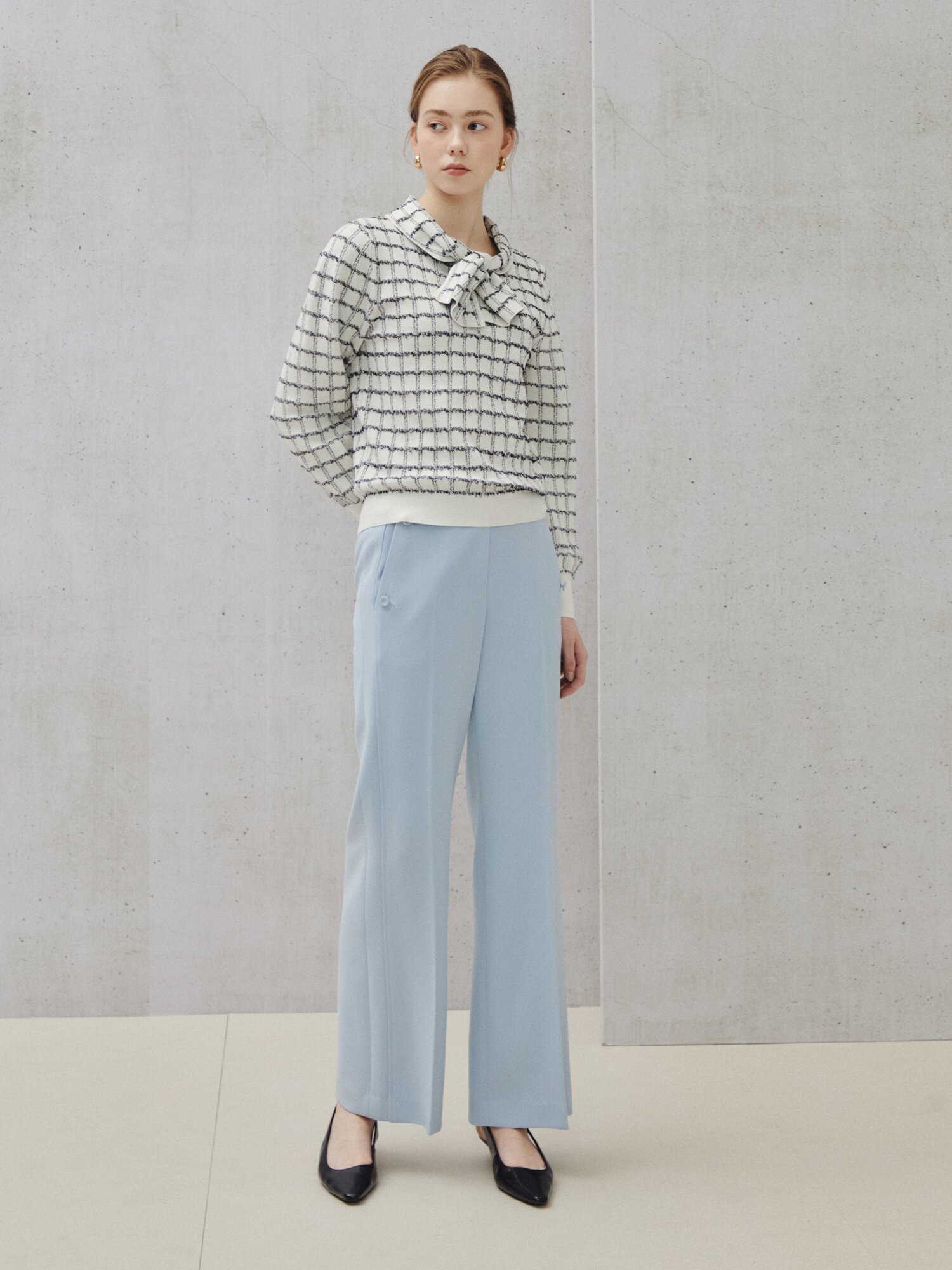 체크 보우 니트 풀오버 (CHECK IVORY)