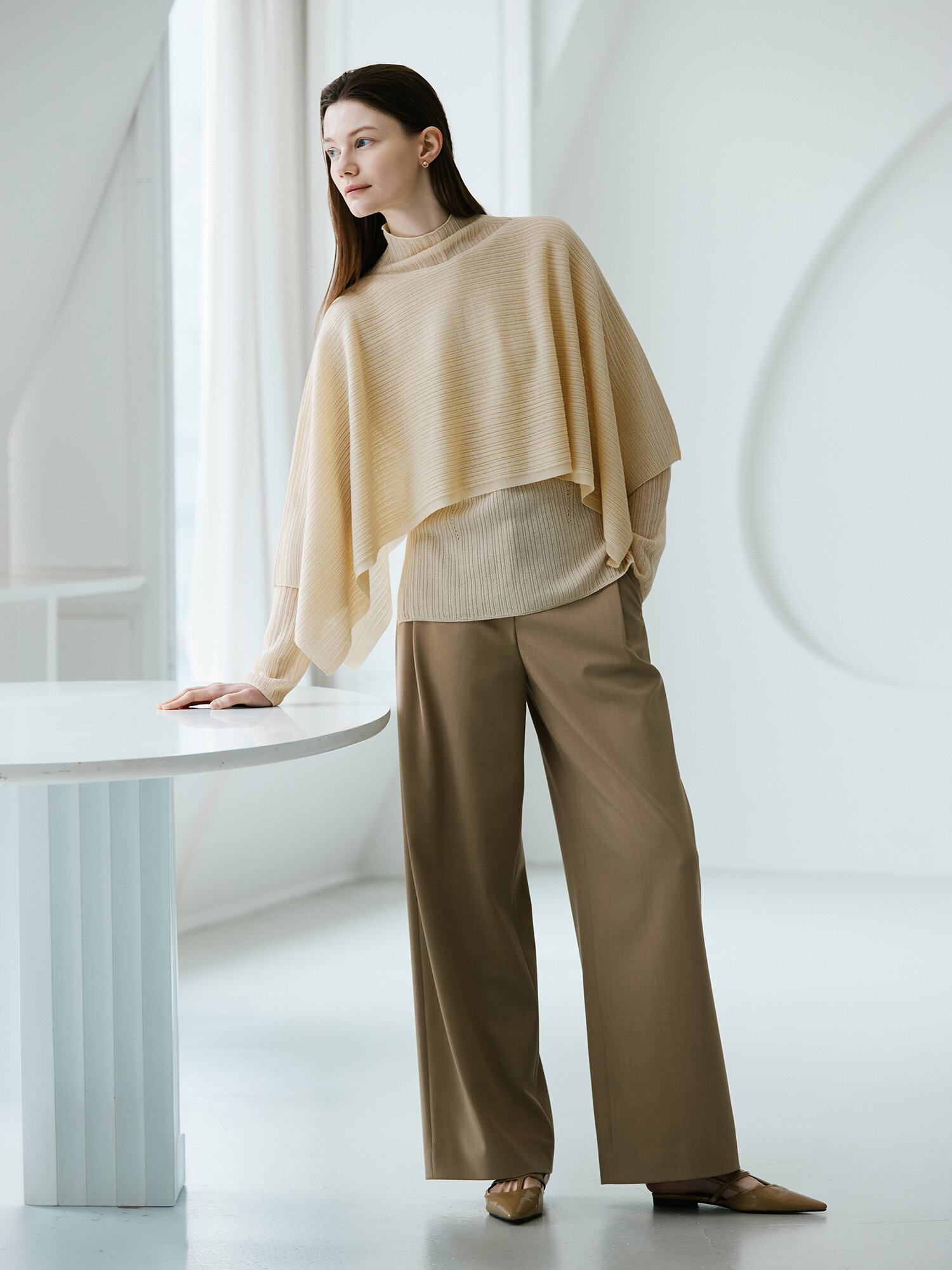 하이넥 풀오버 니트 +케이프 세트 (LIGHT BEIGE)