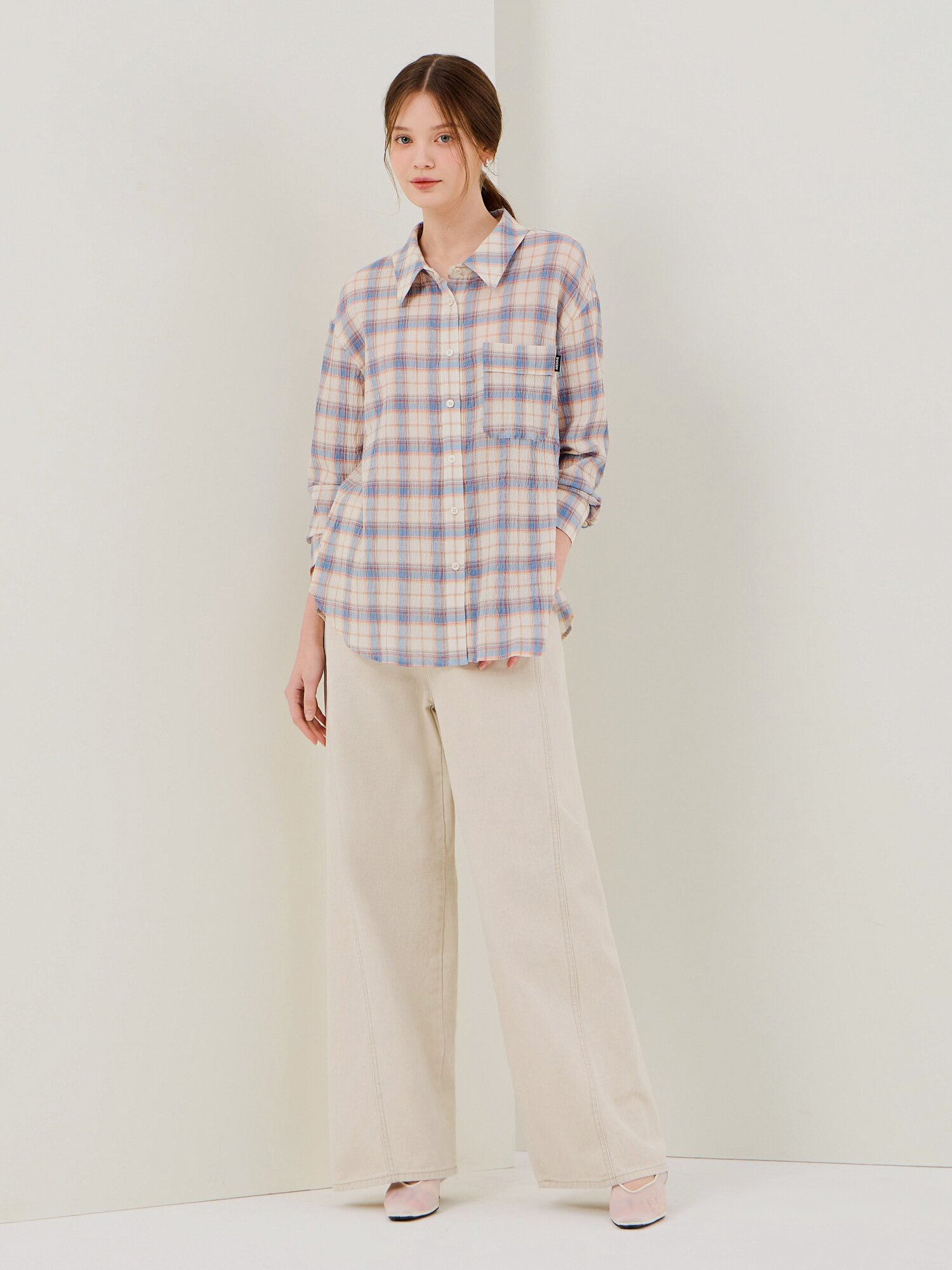 사선 절개 와이드 데님 팬츠 (BEIGE)