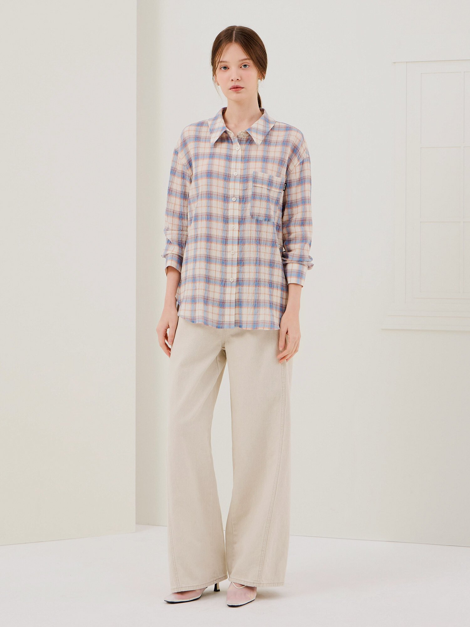 사선 절개 와이드 데님 팬츠 (BEIGE)