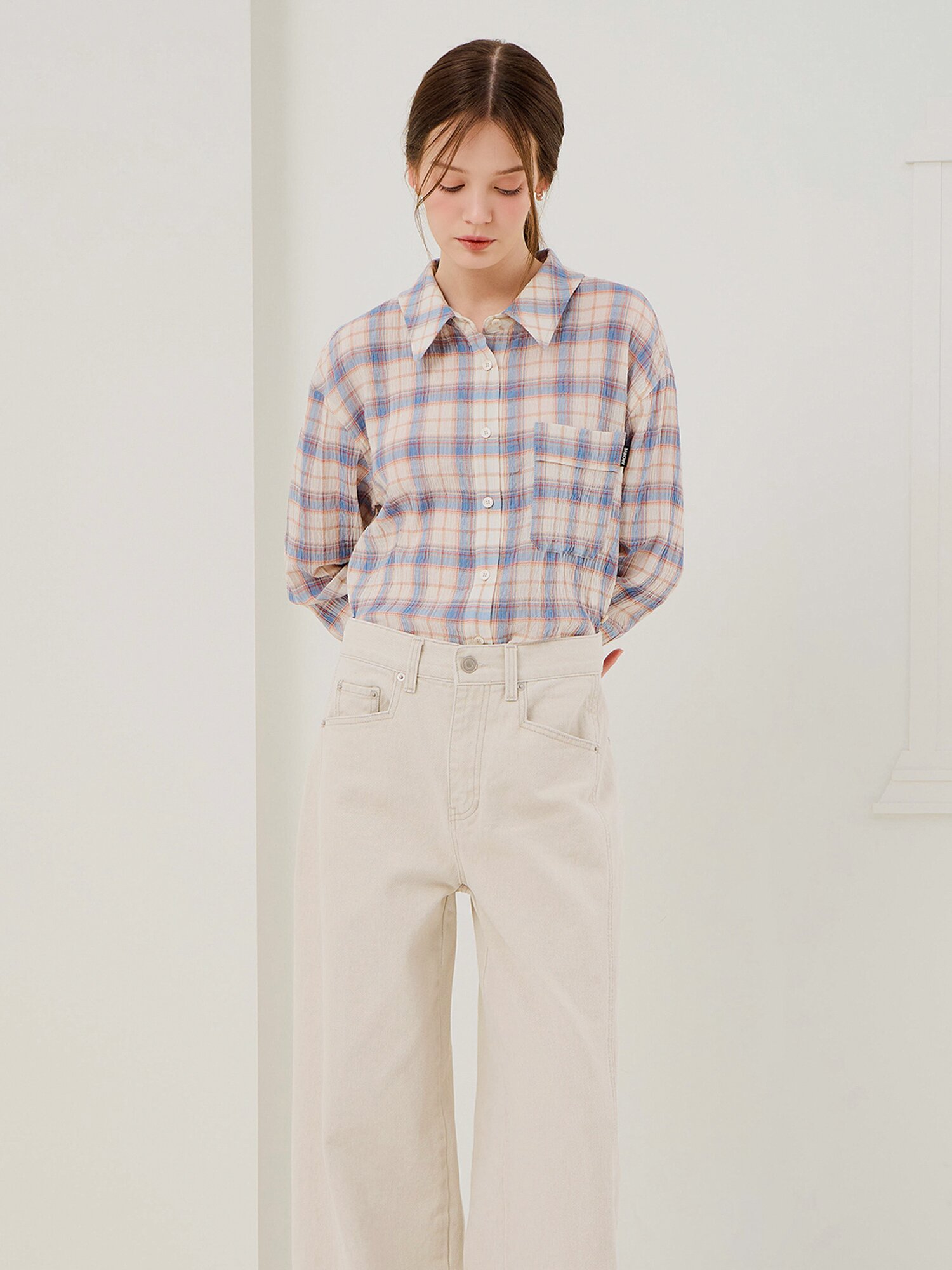 사선 절개 와이드 데님 팬츠 (BEIGE)