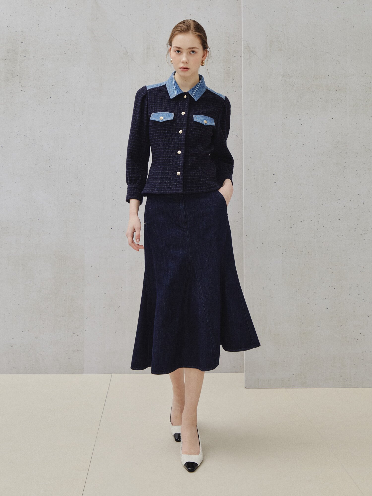 헤리티지 인디고 미디 스커트 (DARK BLUE)