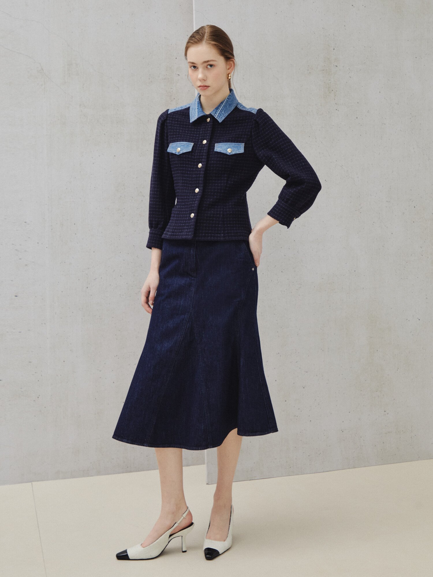 헤리티지 인디고 미디 스커트 (DARK BLUE)