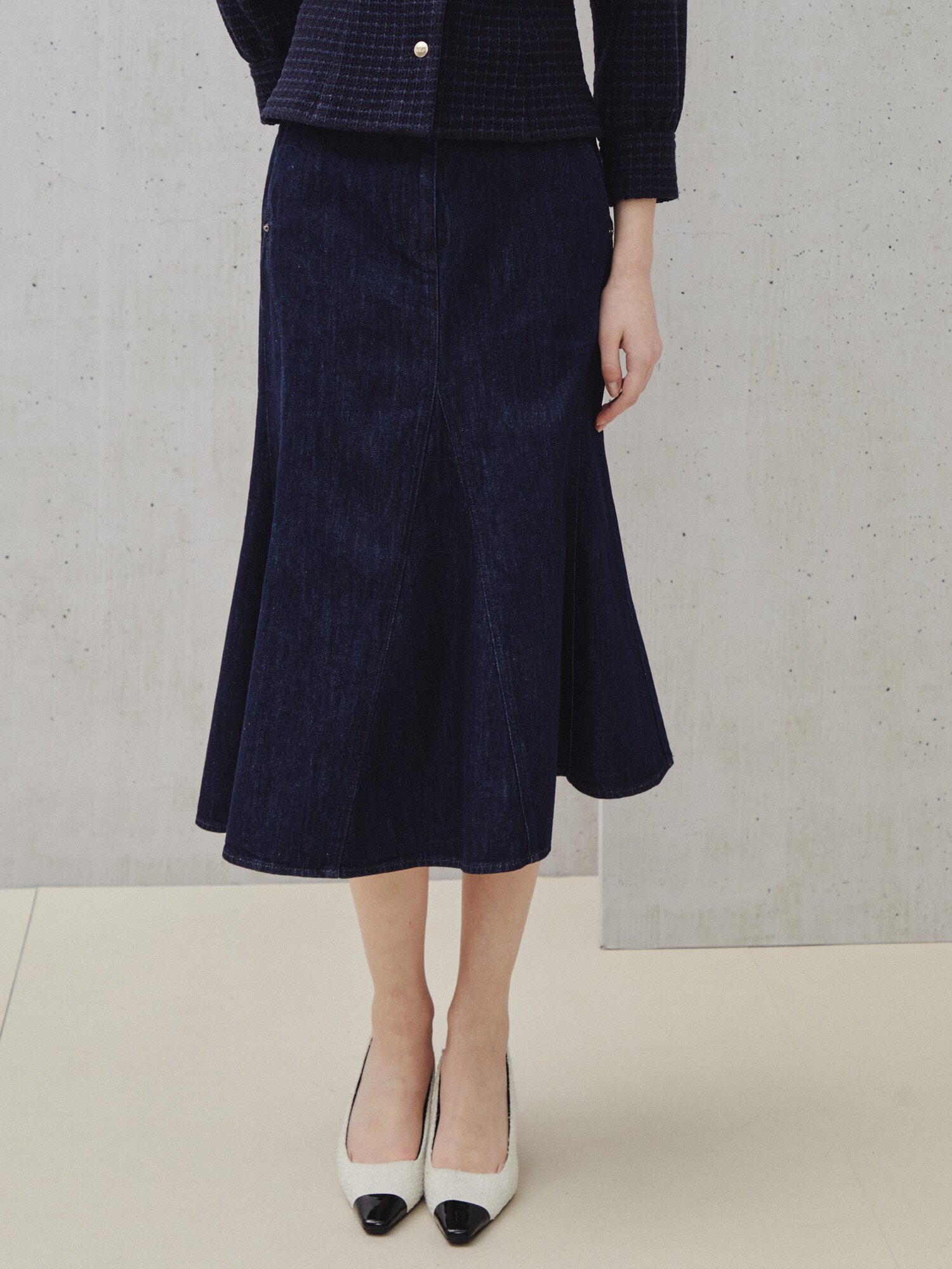헤리티지 인디고 미디 스커트 (DARK BLUE)