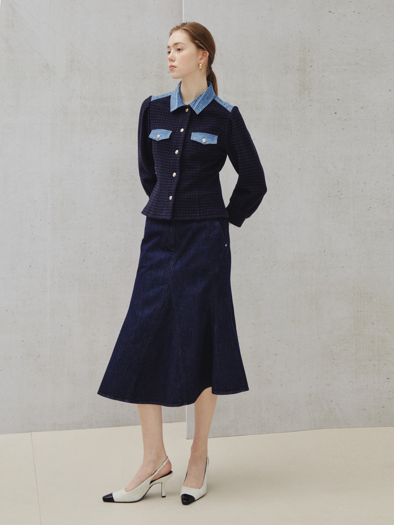 헤리티지 인디고 미디 스커트 (DARK BLUE)