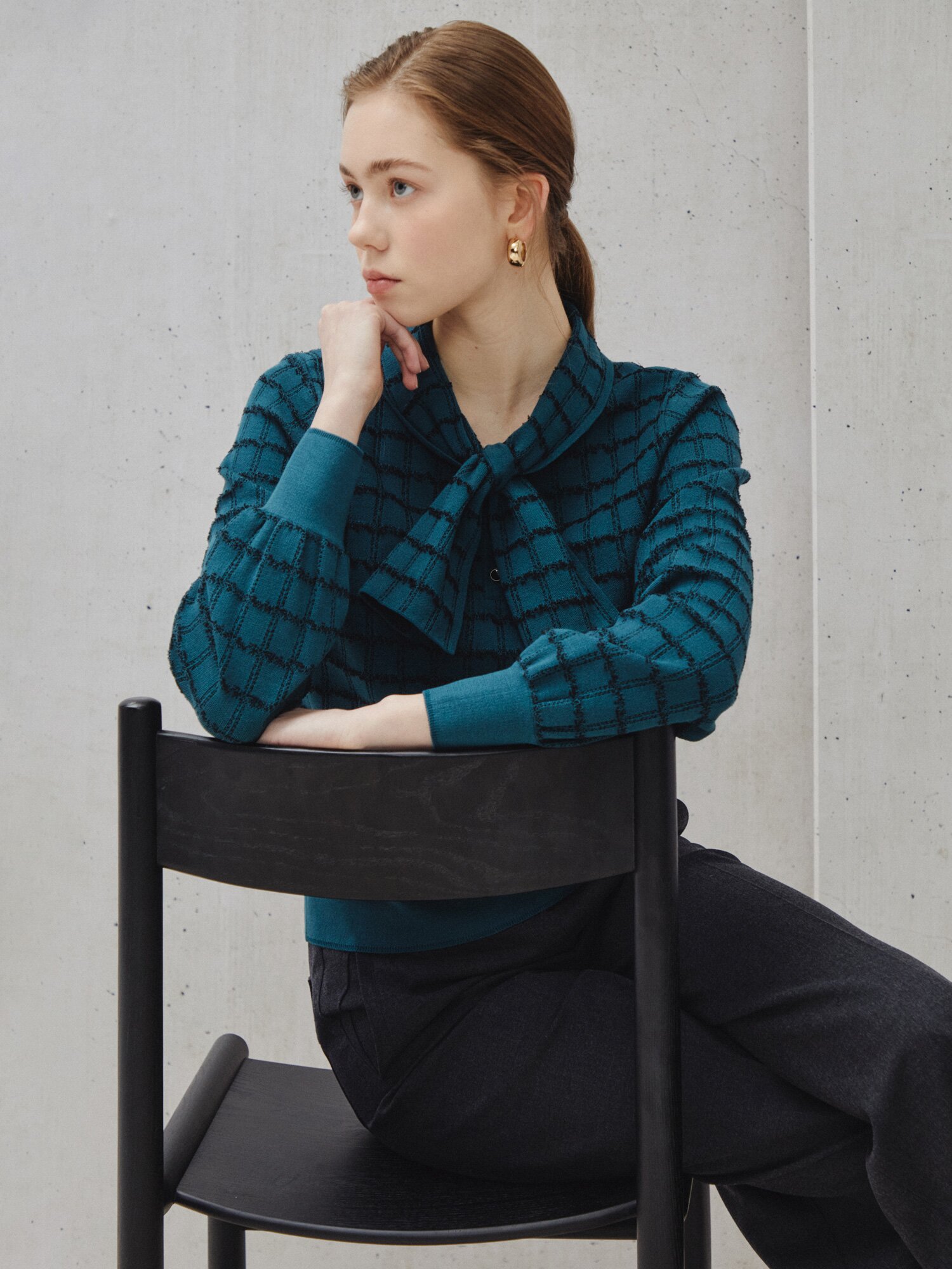 체크 보우 니트 풀오버 (CHECK GREEN)