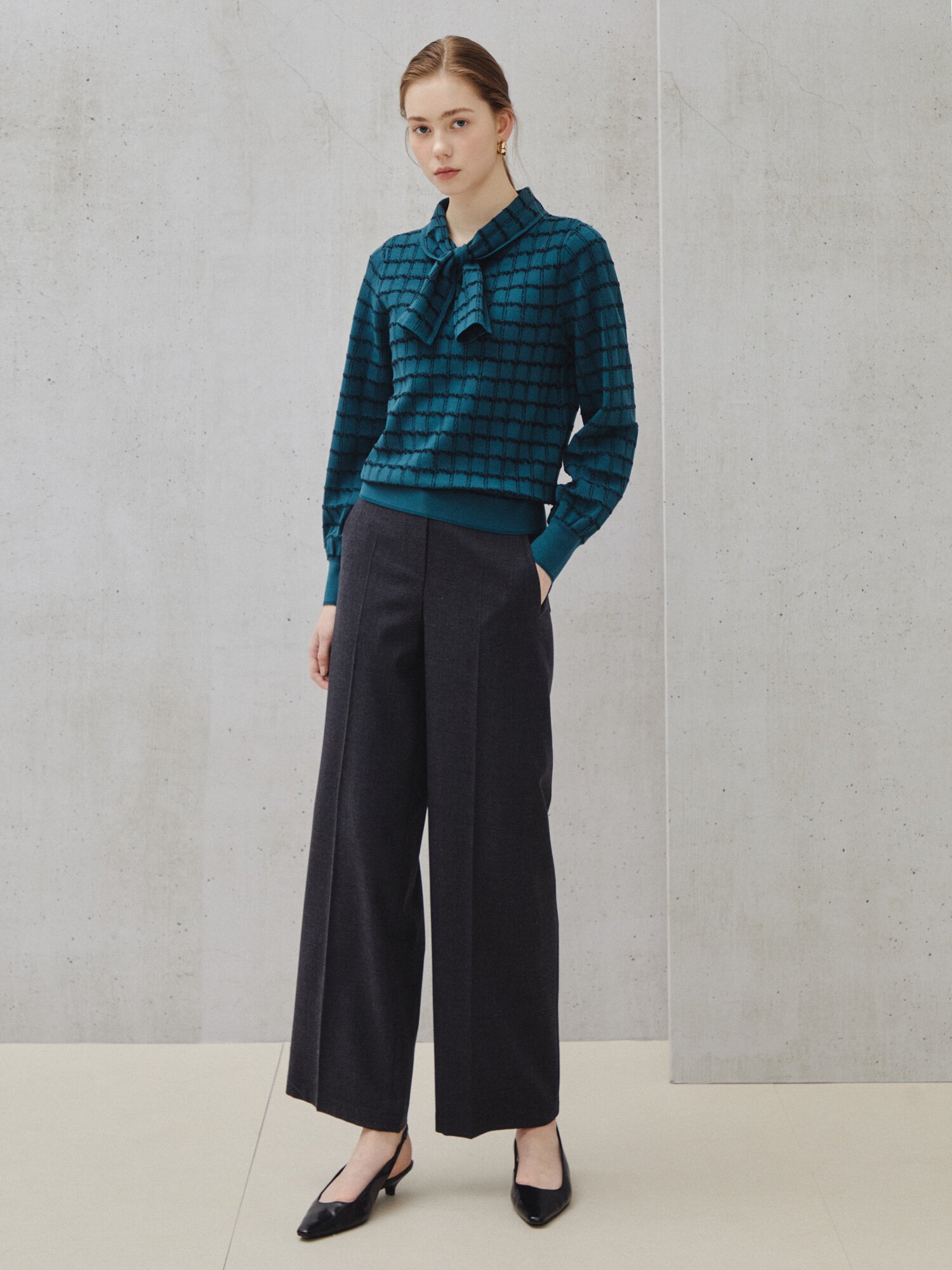 체크 보우 니트 풀오버 (CHECK GREEN)