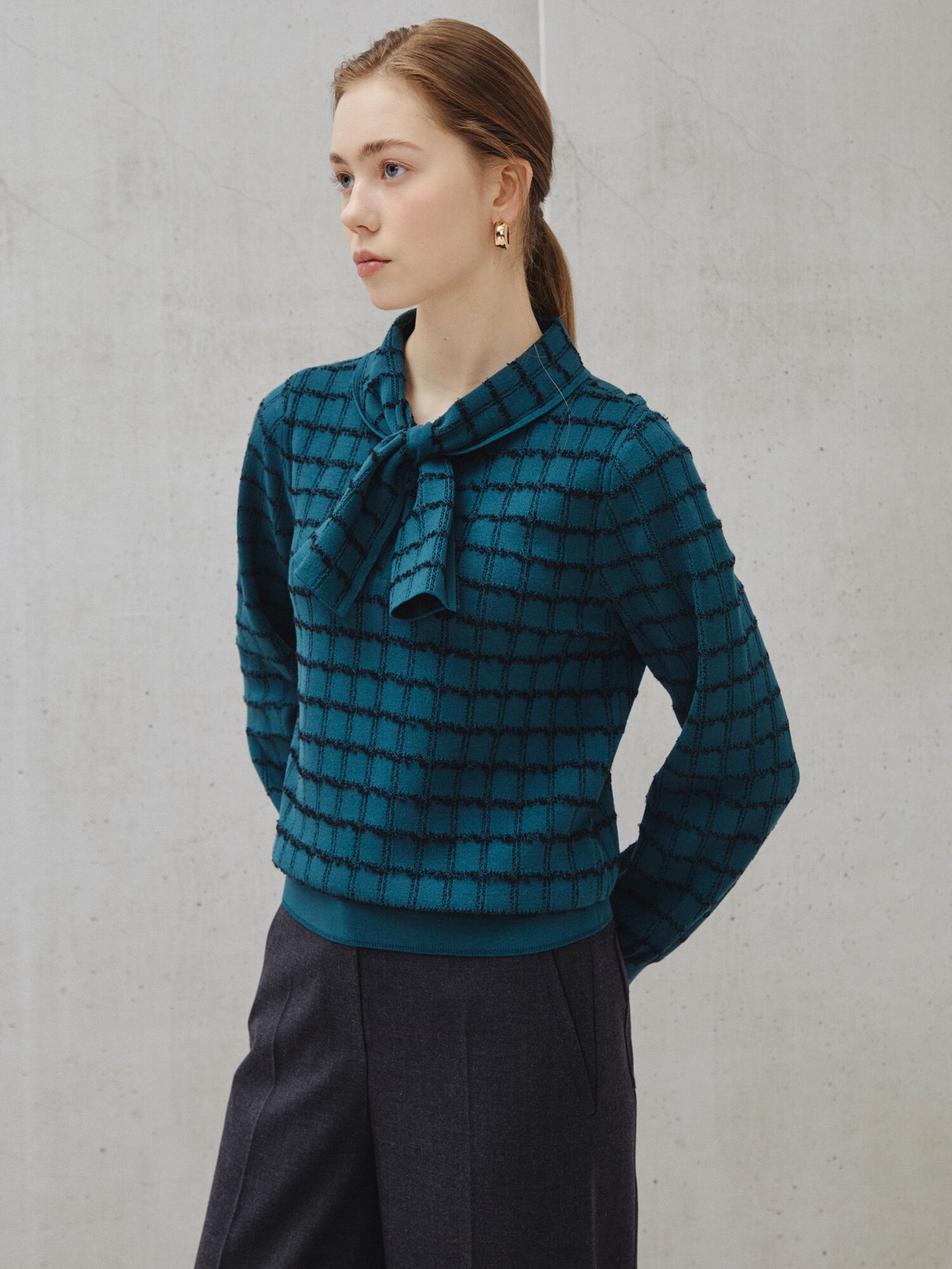 체크 보우 니트 풀오버 (CHECK GREEN)