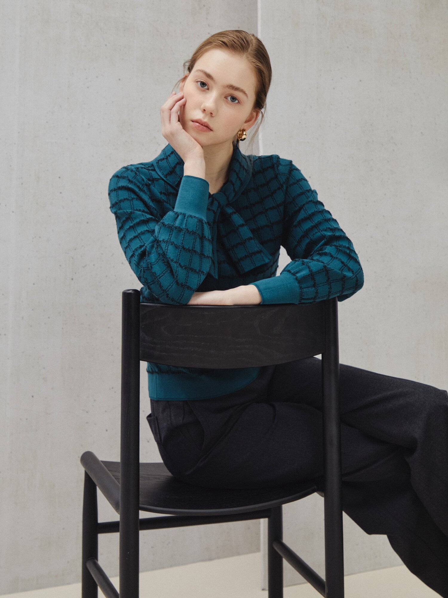 체크 보우 니트 풀오버 (CHECK GREEN)