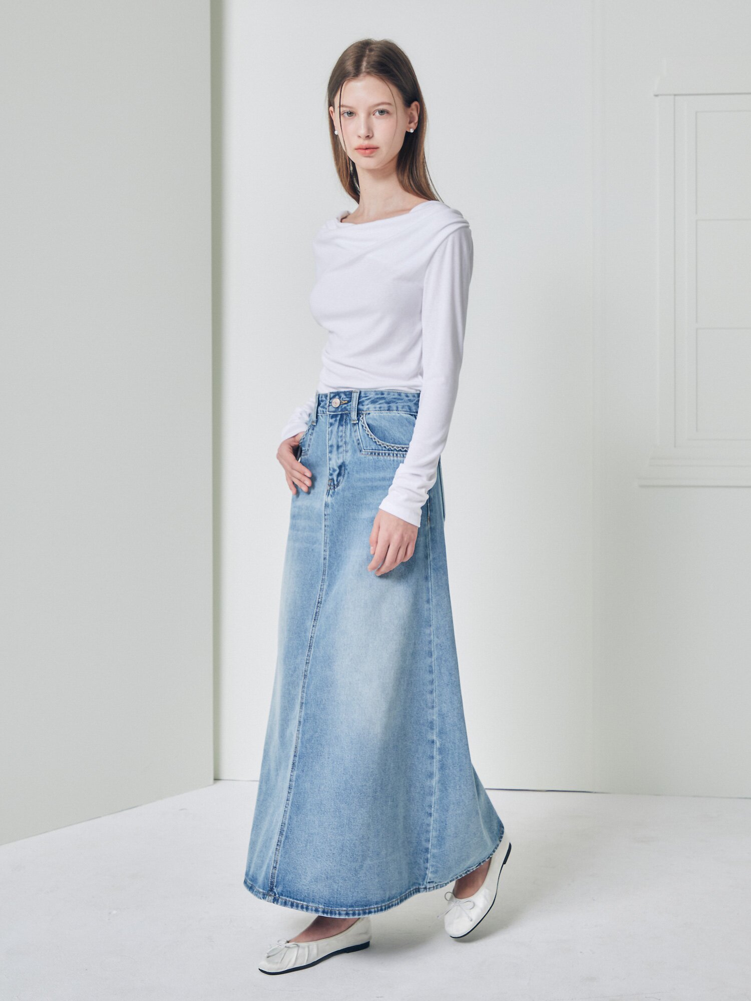 포켓 포인트 롱 데님 스커트 (BLUE)