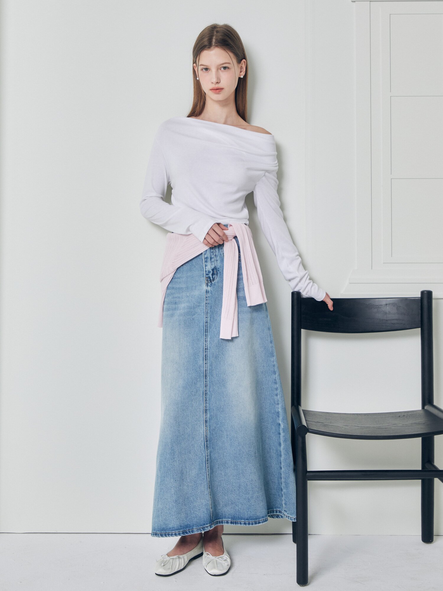 포켓 포인트 롱 데님 스커트 (BLUE)