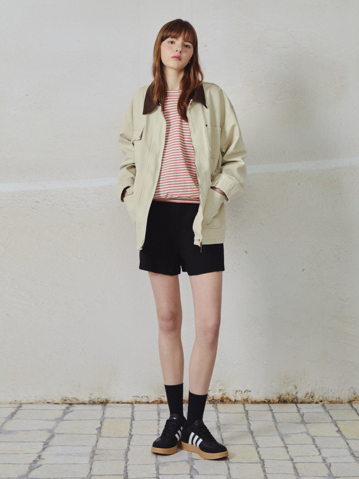 배색 칼라 스트링 데님 재킷 (BEIGE)