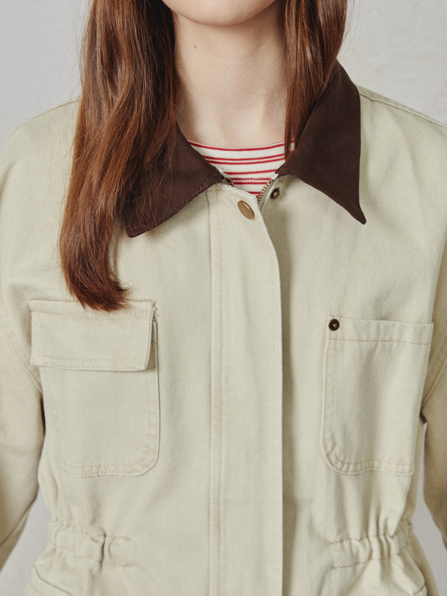 배색 칼라 스트링 데님 재킷 (BEIGE)