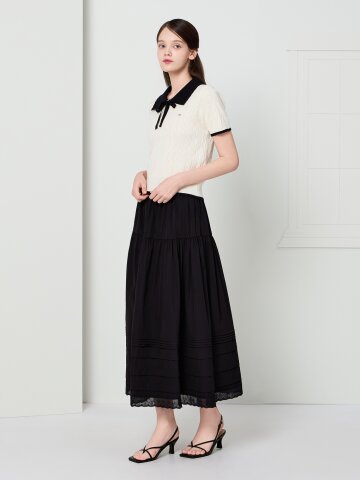 레이스 헴 티어드 밴딩 스커트 