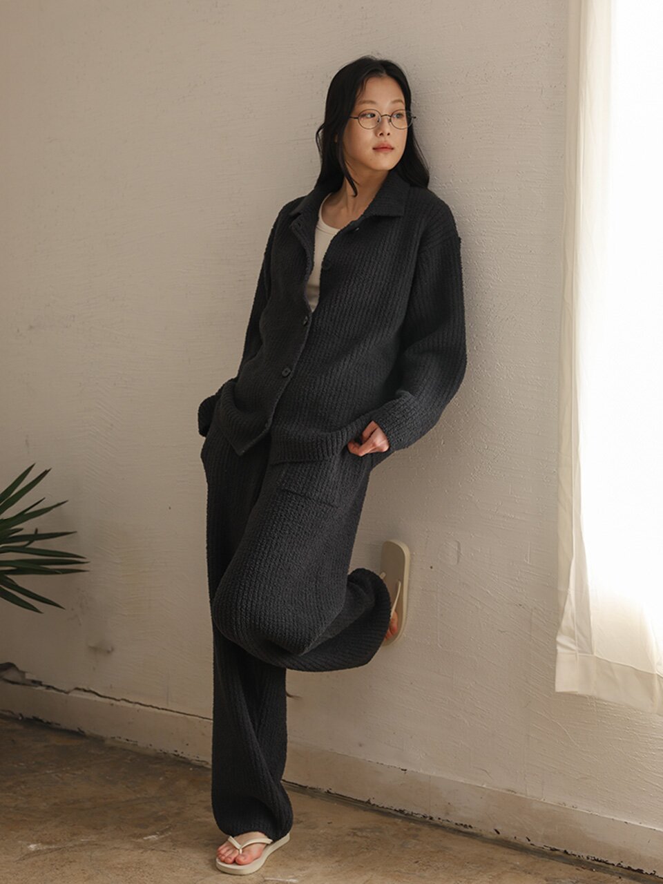 MJ_Buttoned collar pajama two-piece set_BLACK