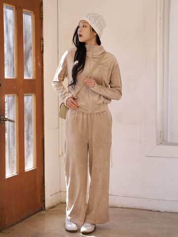MJ_Zip-up hoodie pajama two-piece set_BEIGE