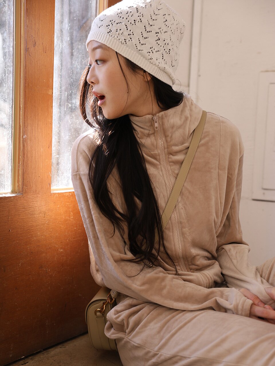 MJ_Zip-up hoodie pajama two-piece set_BEIGE