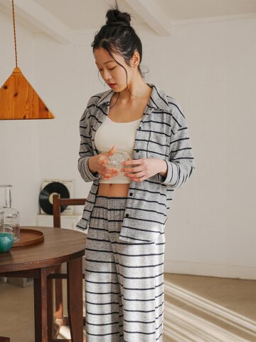 MJ_Striped button pajama two-piece set_GRAY