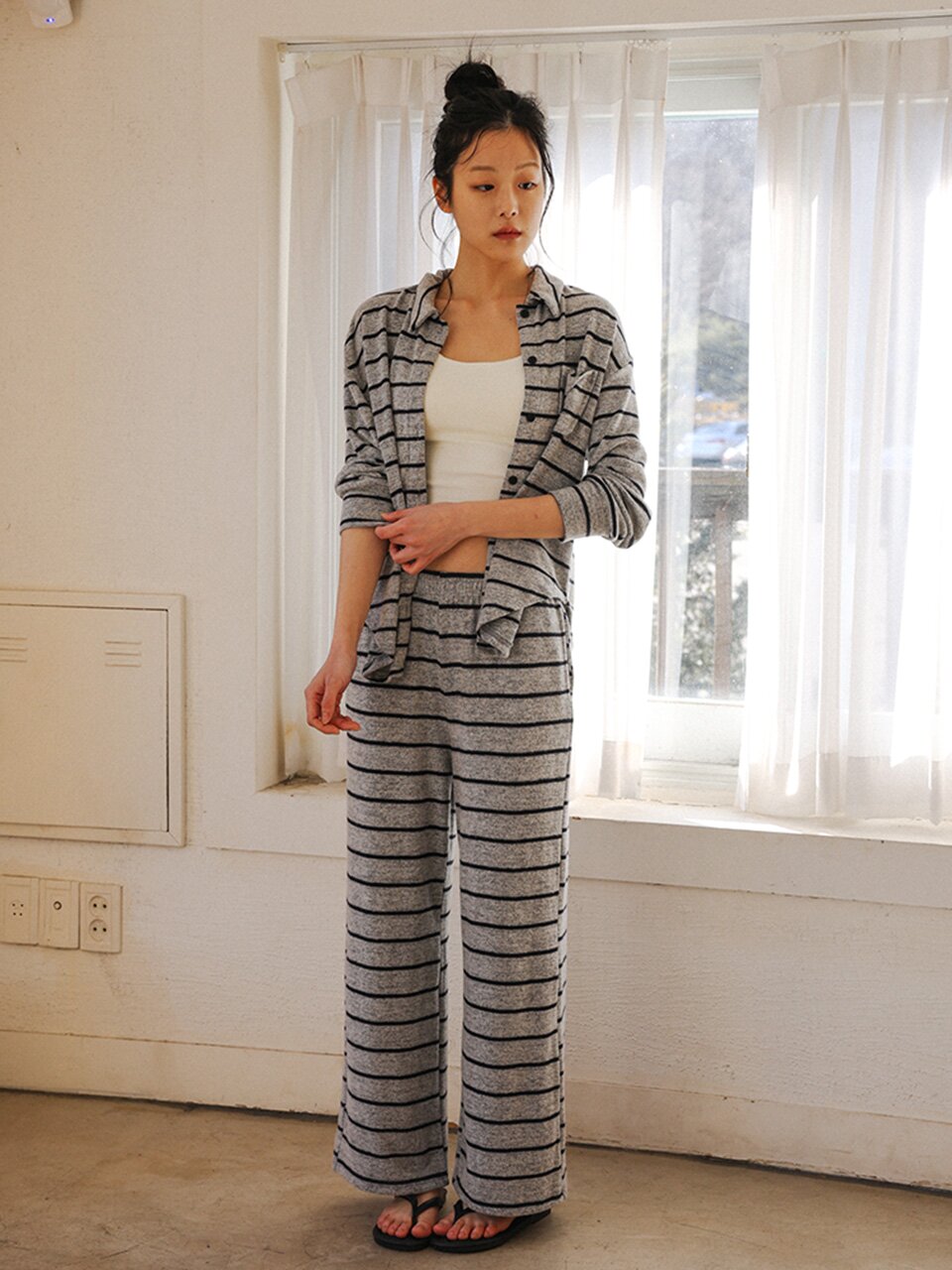 MJ_Striped button pajama two-piece set_GRAY