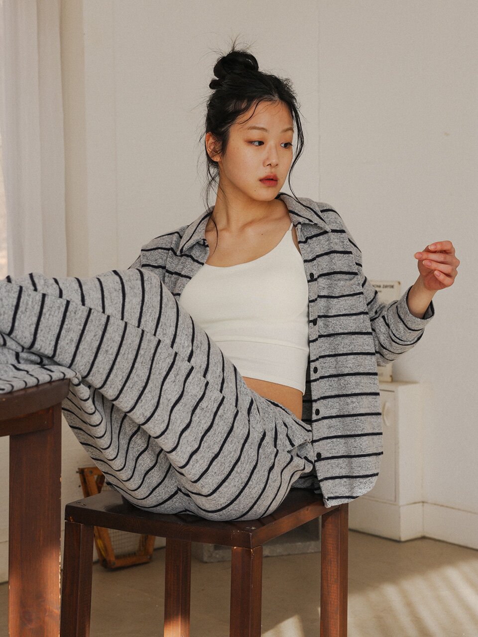 MJ_Striped button pajama two-piece set_GRAY