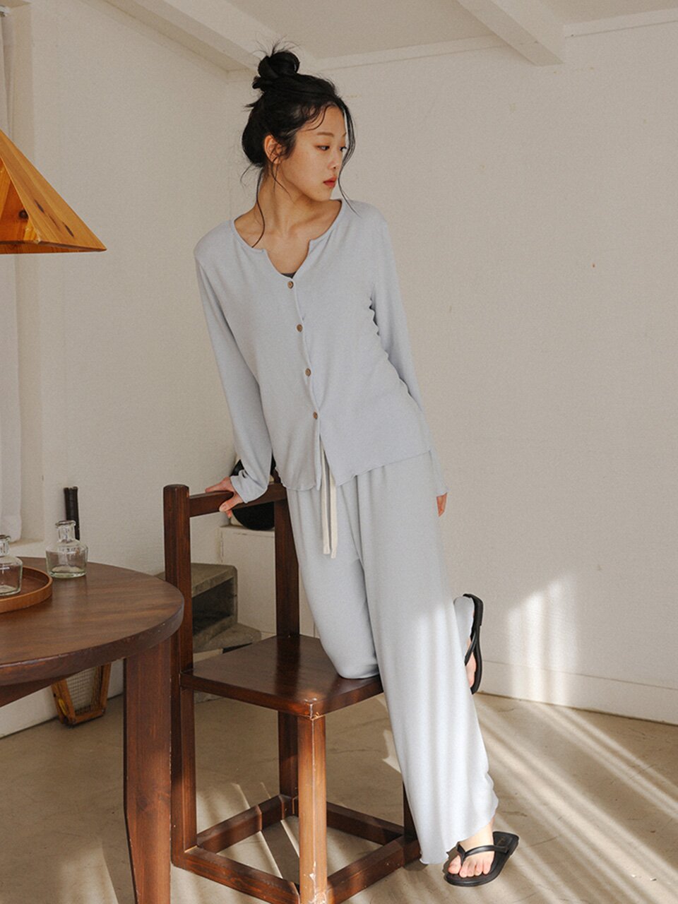 MJ_Minimal button pajama two-piece set_BLUE