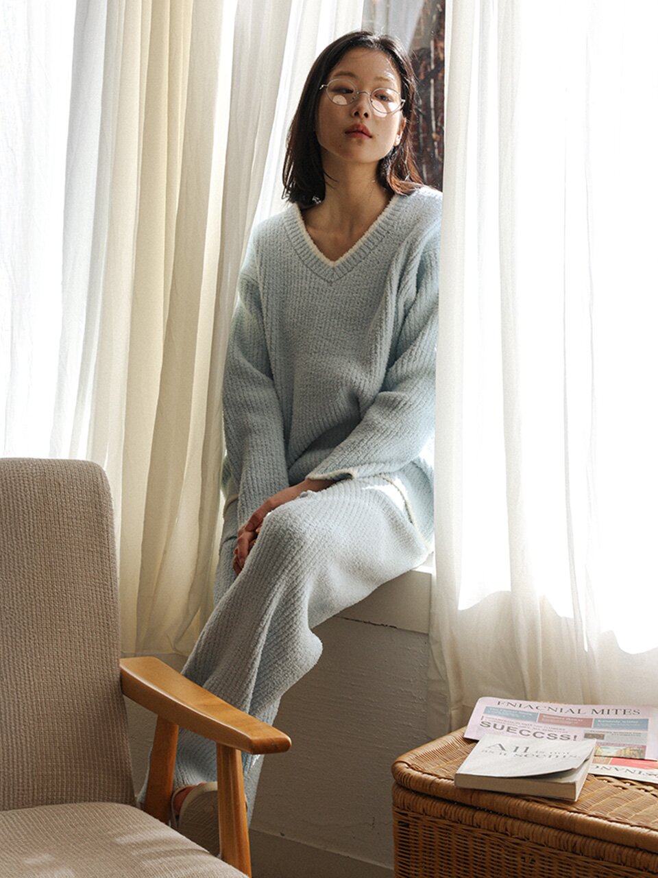MJ_Lightweight v-neck pajama two-piece set_BLUE