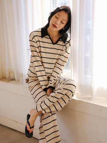 MJ_Striped collar pajama two-piece set_IVORY