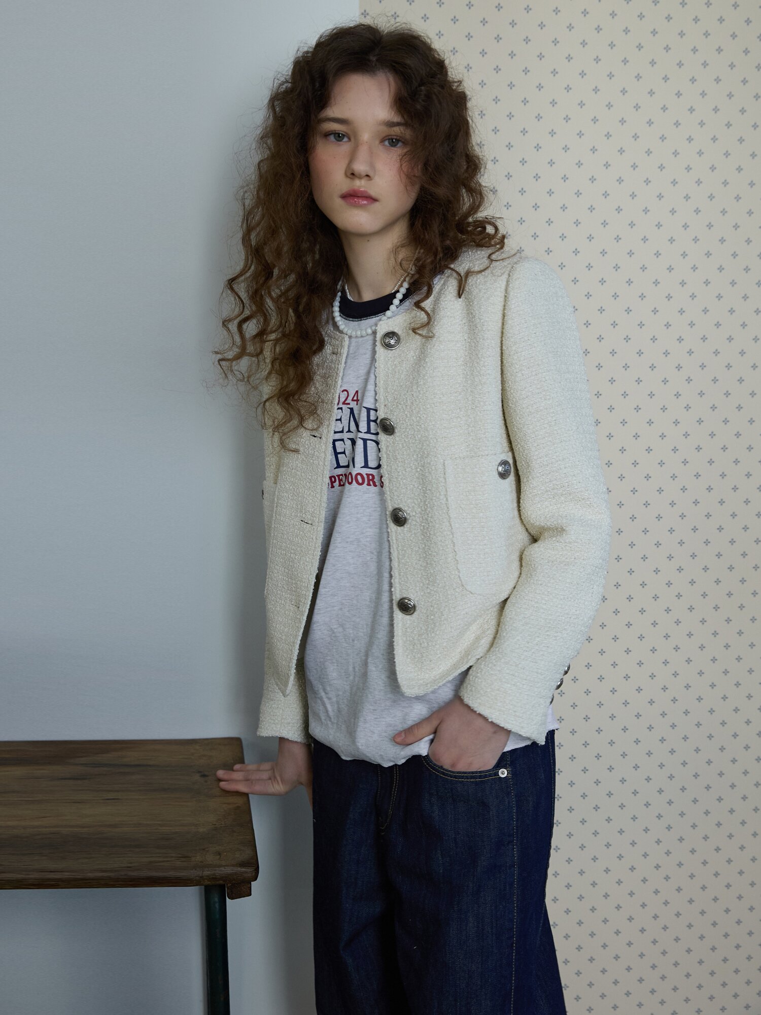 Texture tweed jaket Ivory